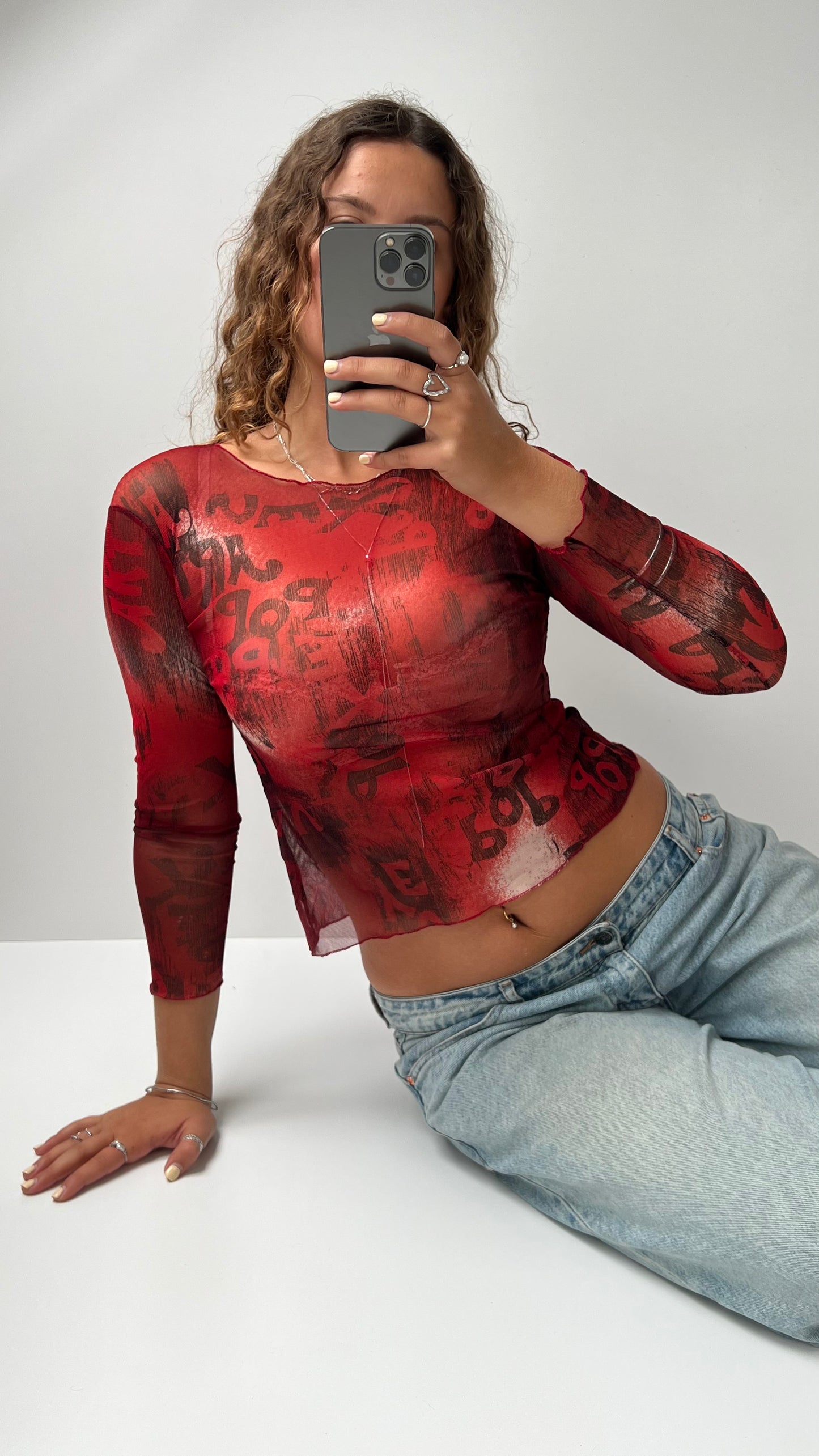 00s red graphic mesh long sleeve top- size S