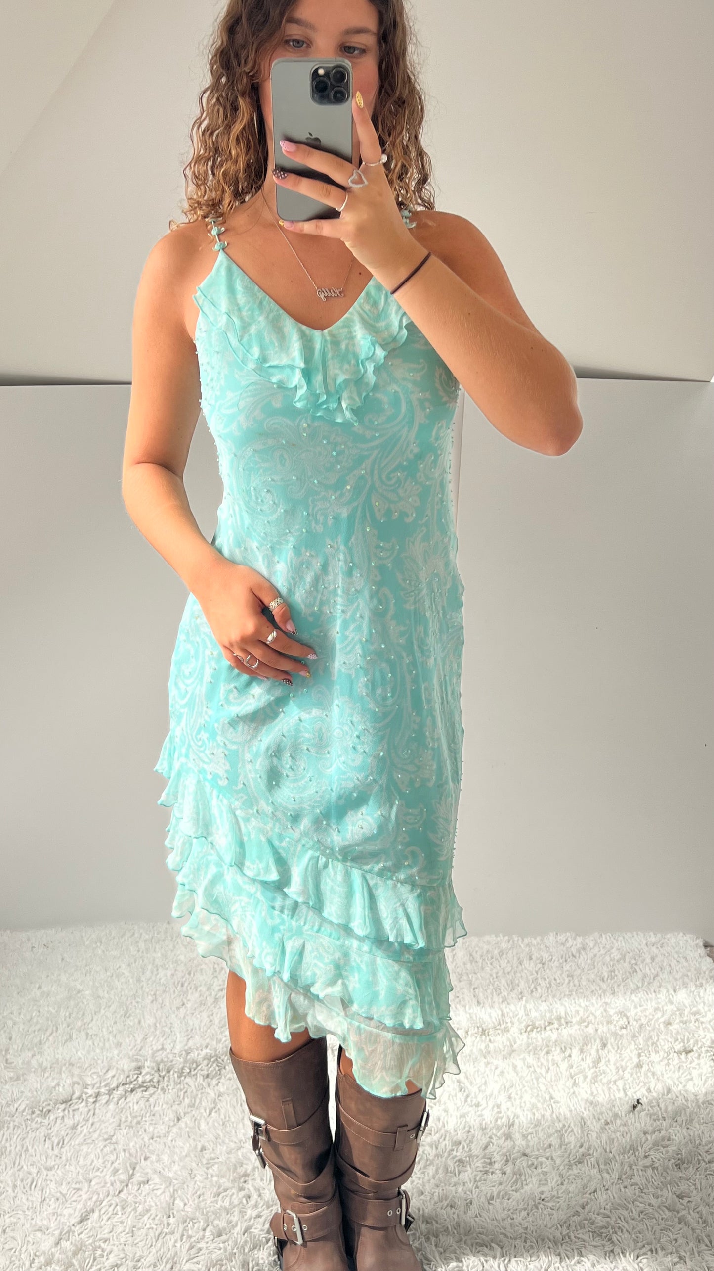 00s blue paisley beaded silk midi dress- size S/M