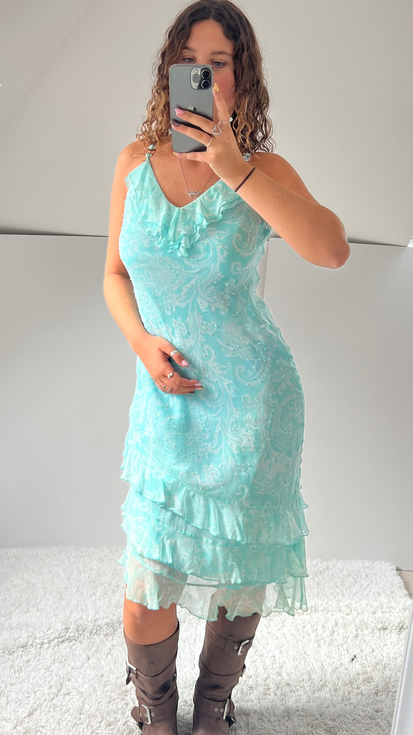00s blue paisley beaded silk midi dress- size S/M