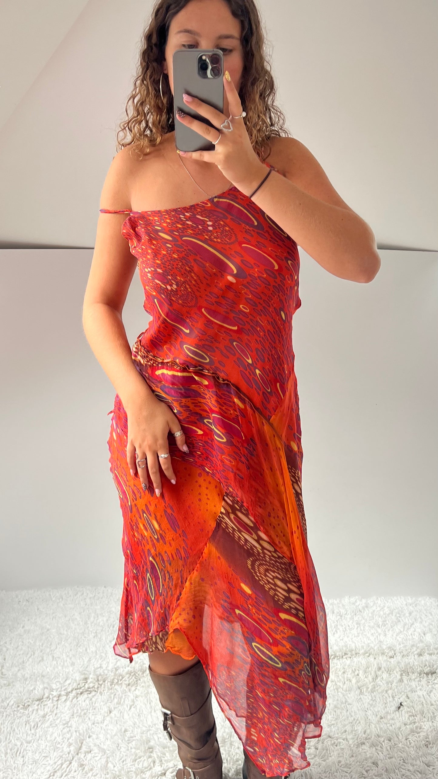 00s orange patchwork silk midi dress- size S/M