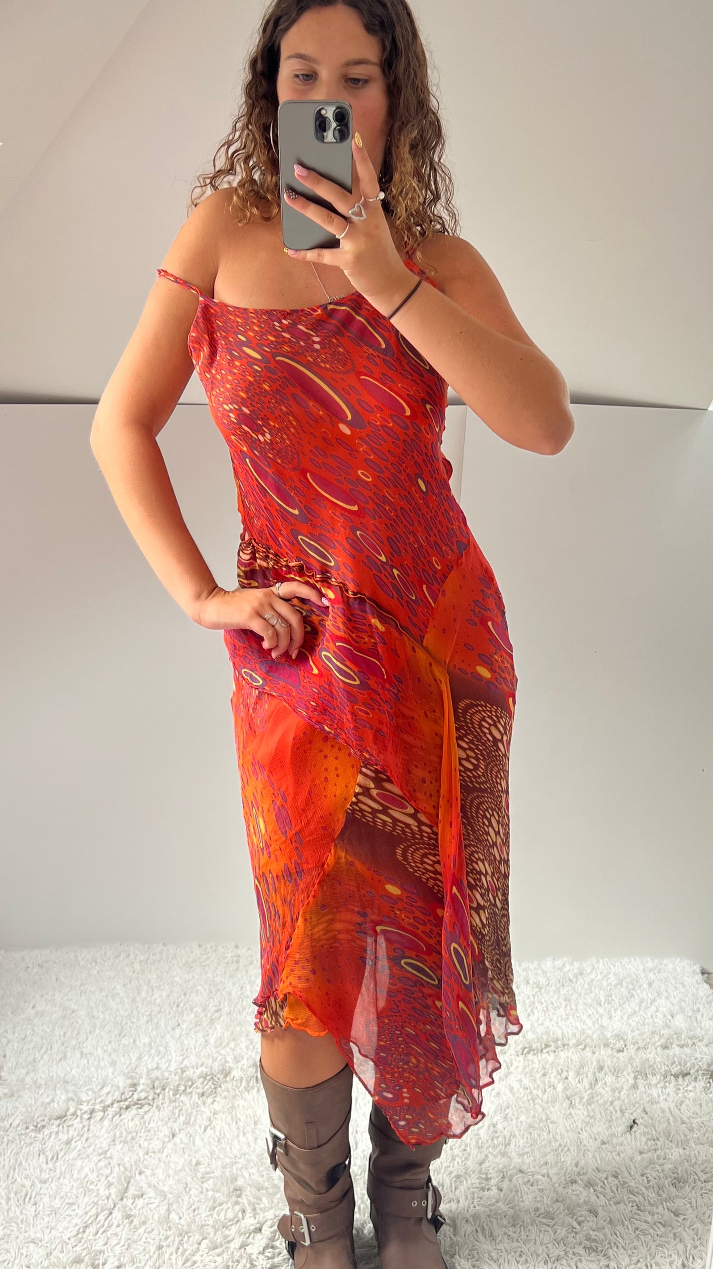 00s orange patchwork silk midi dress- size S/M
