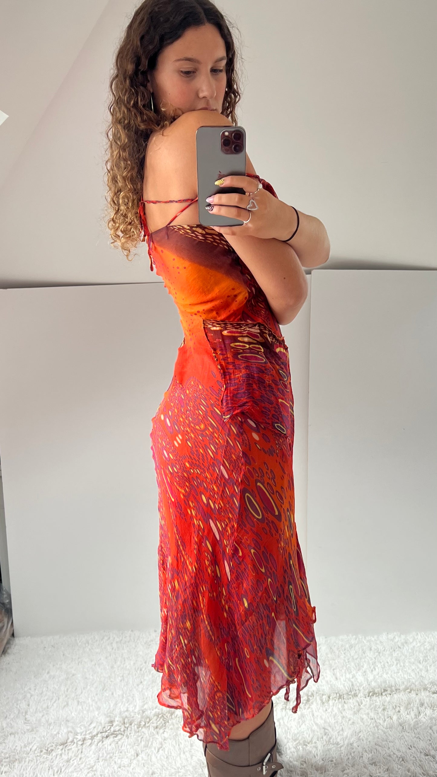 00s orange patchwork silk midi dress- size S/M