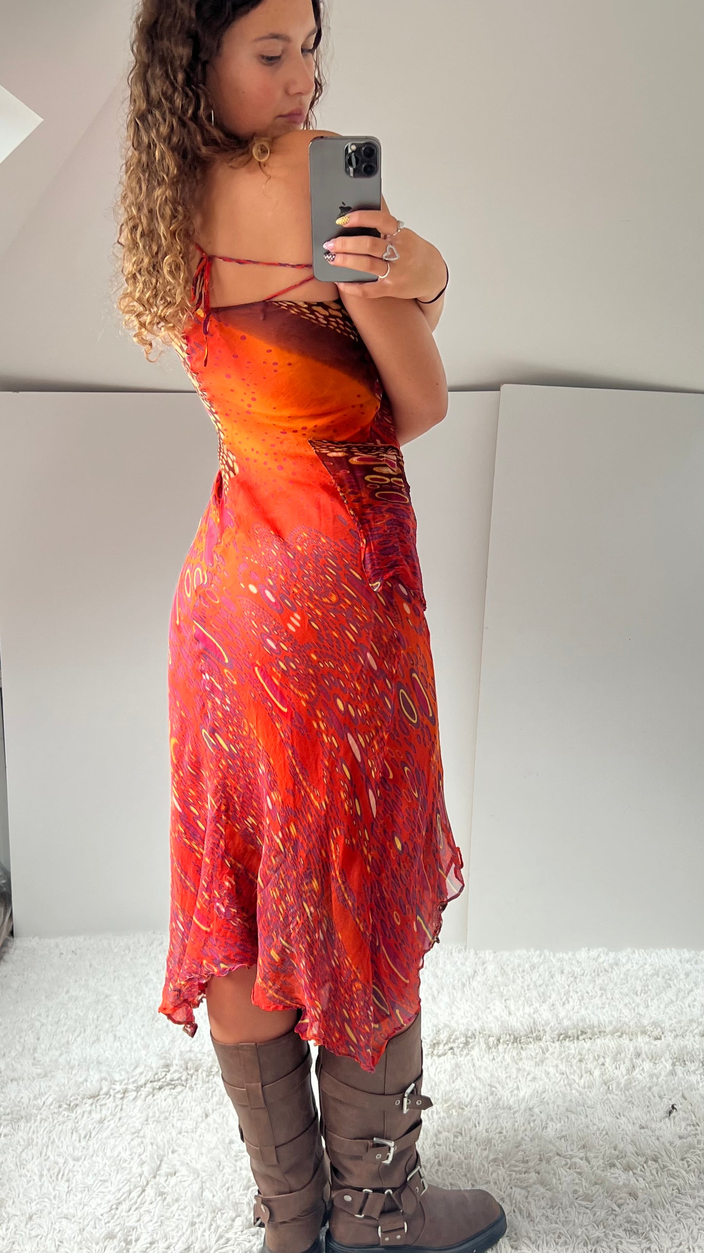 00s orange patchwork silk midi dress- size S/M