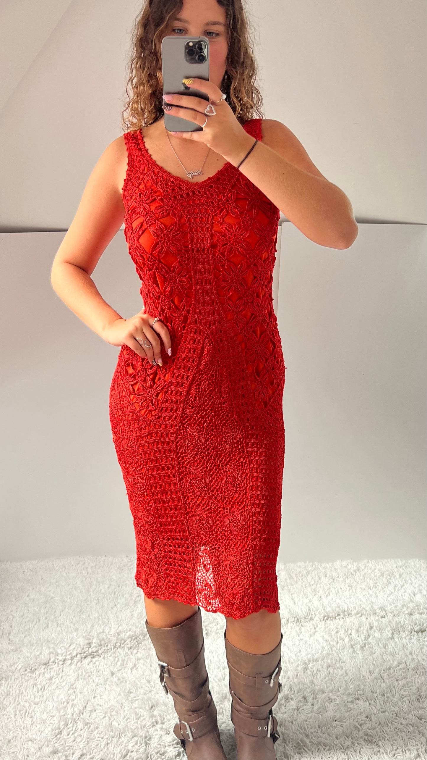 00s orange crochet midi dress- size M