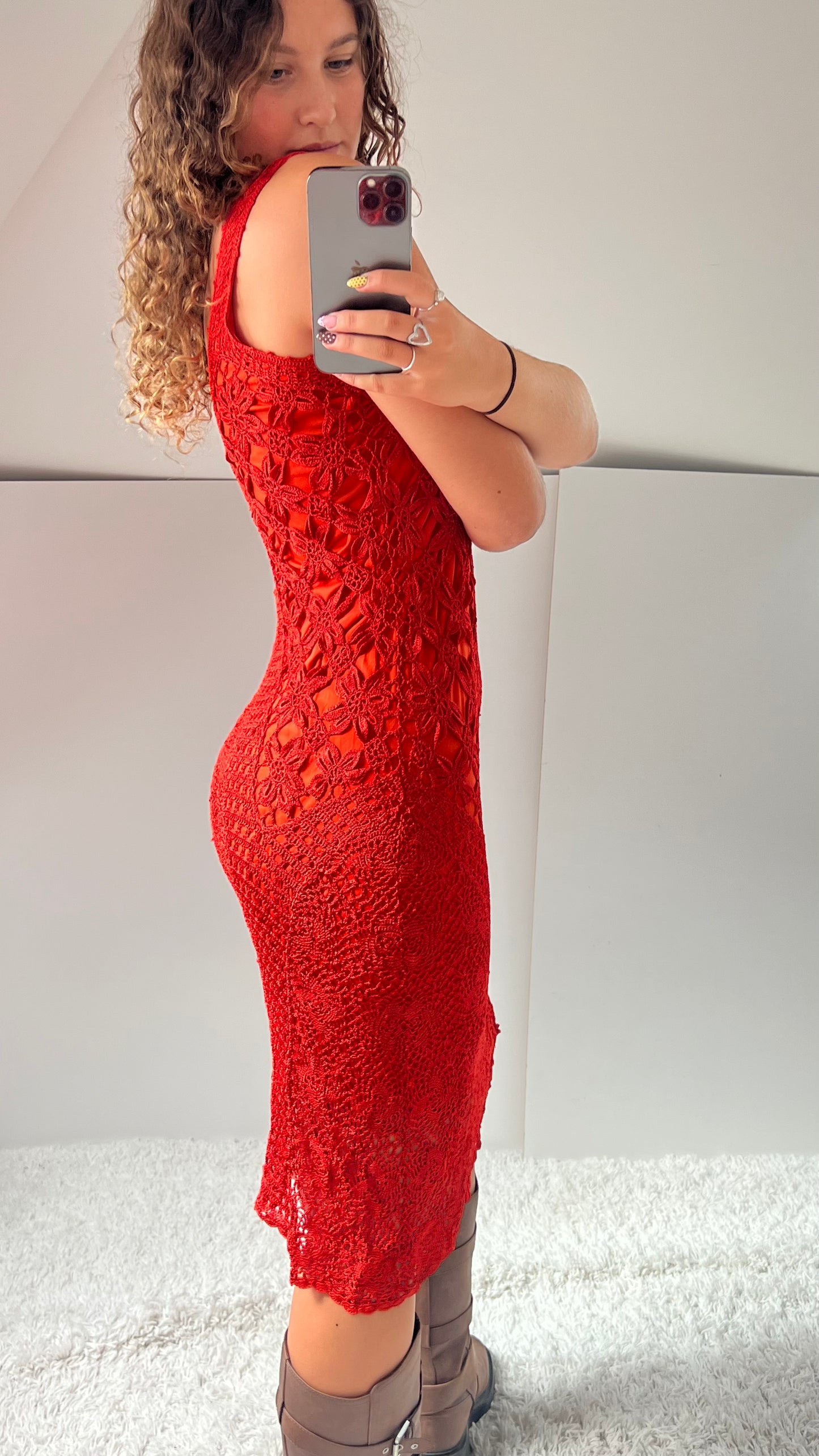 00s orange crochet midi dress- size M