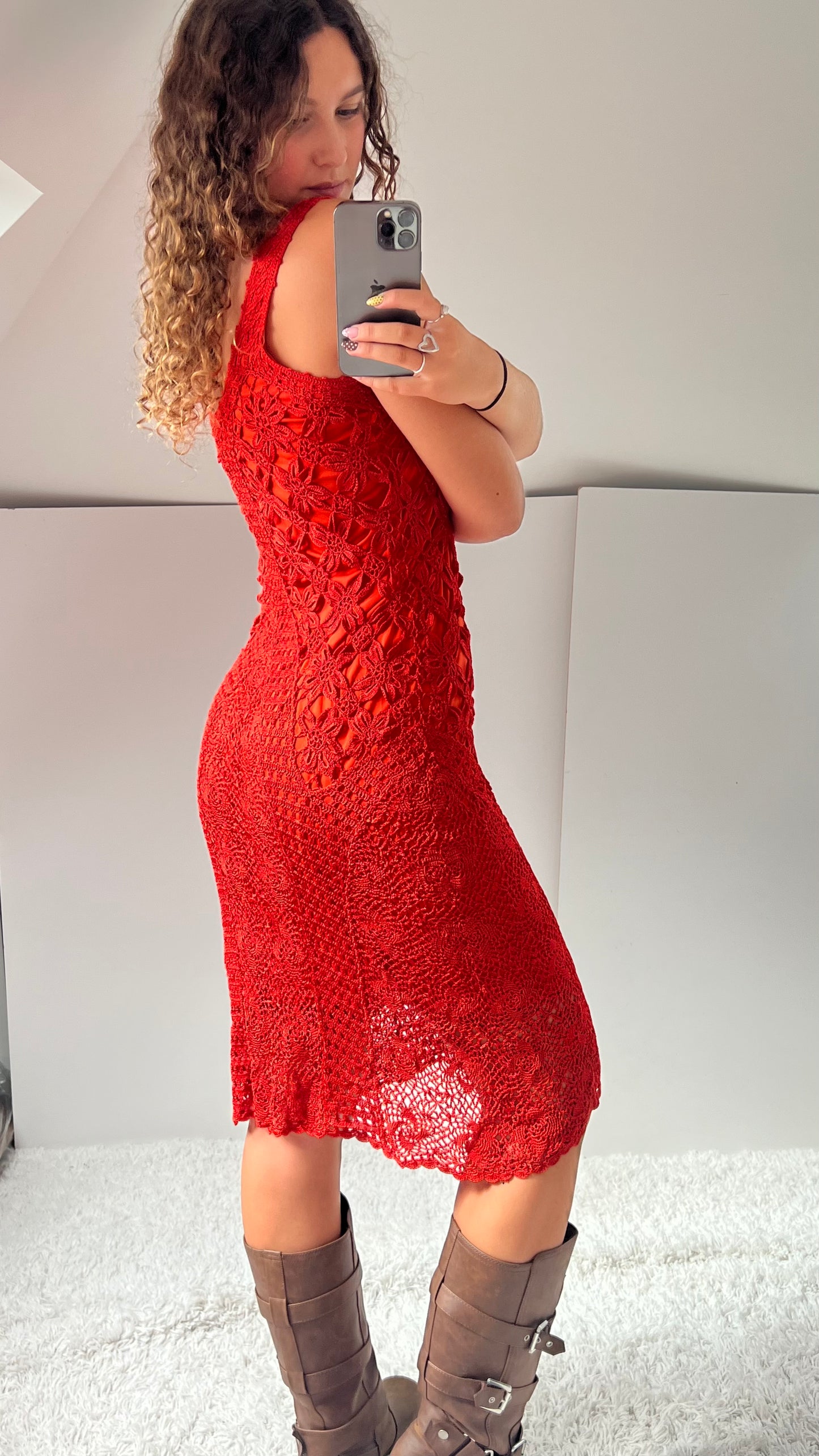 00s orange crochet midi dress- size M