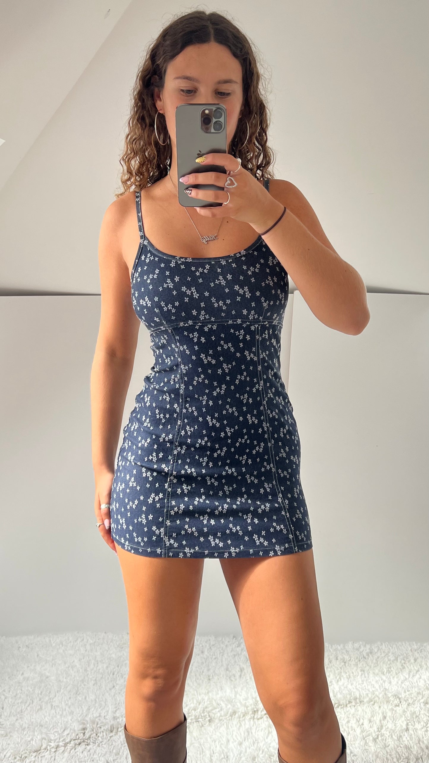 00s denim floral mini dress- size S