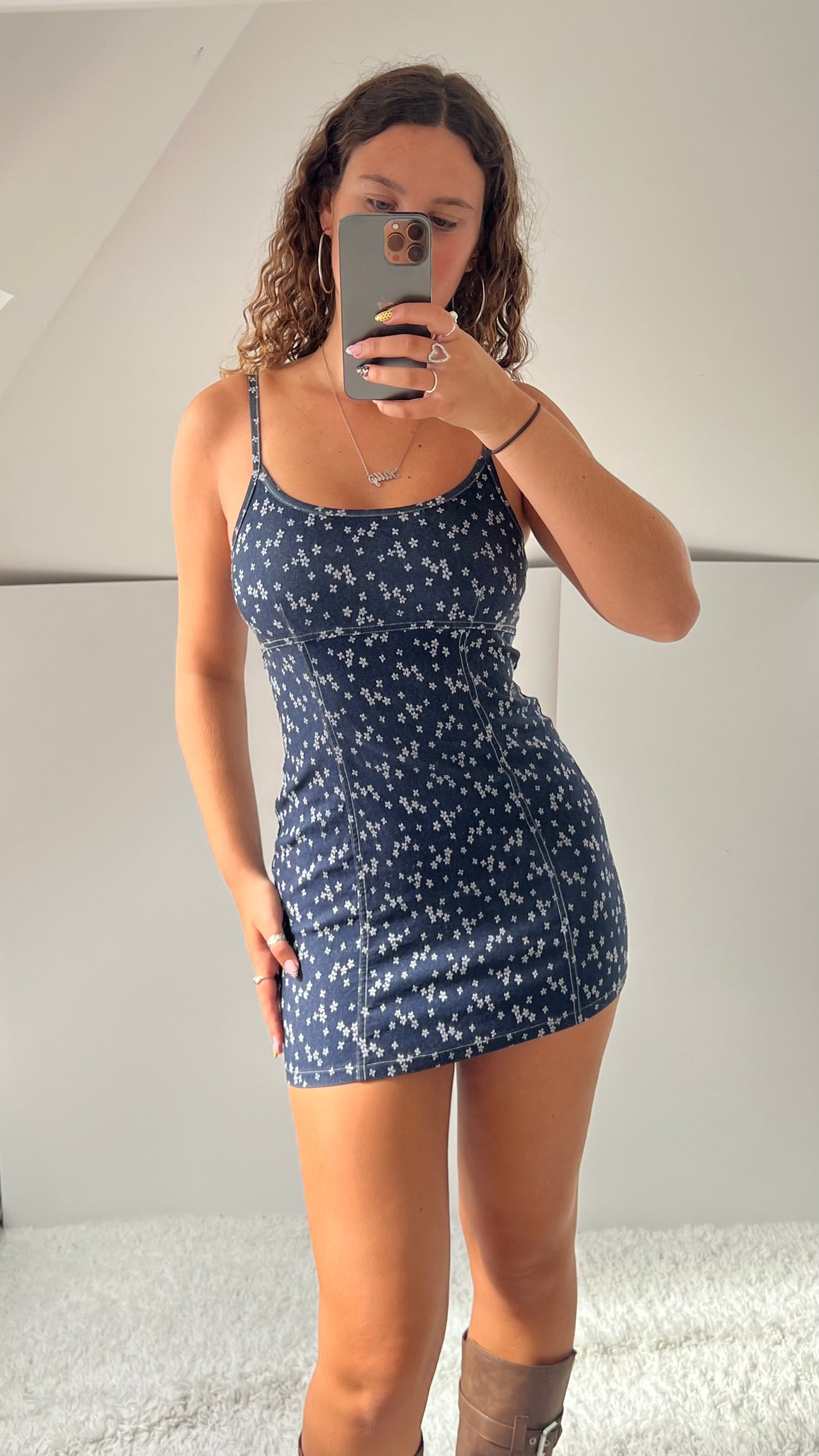 00s denim floral mini dress- size S