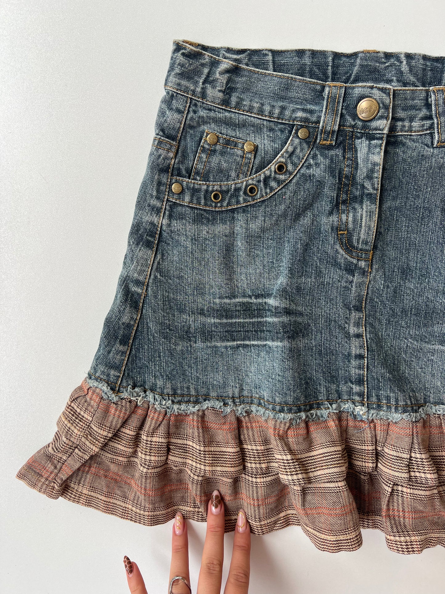 00s denim plaid mini skirt- size XS