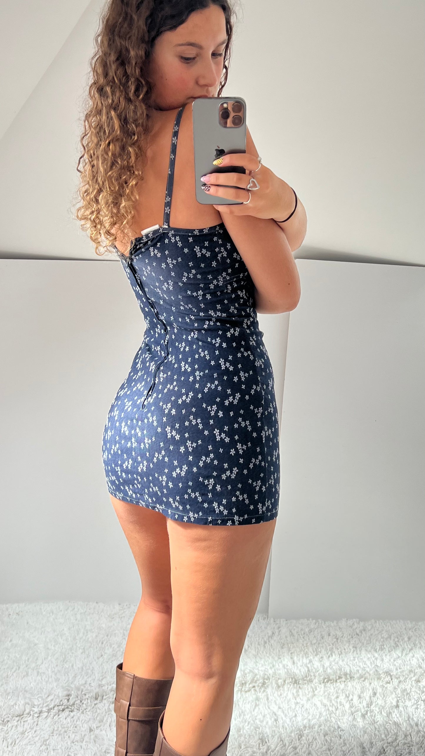00s denim floral mini dress- size S