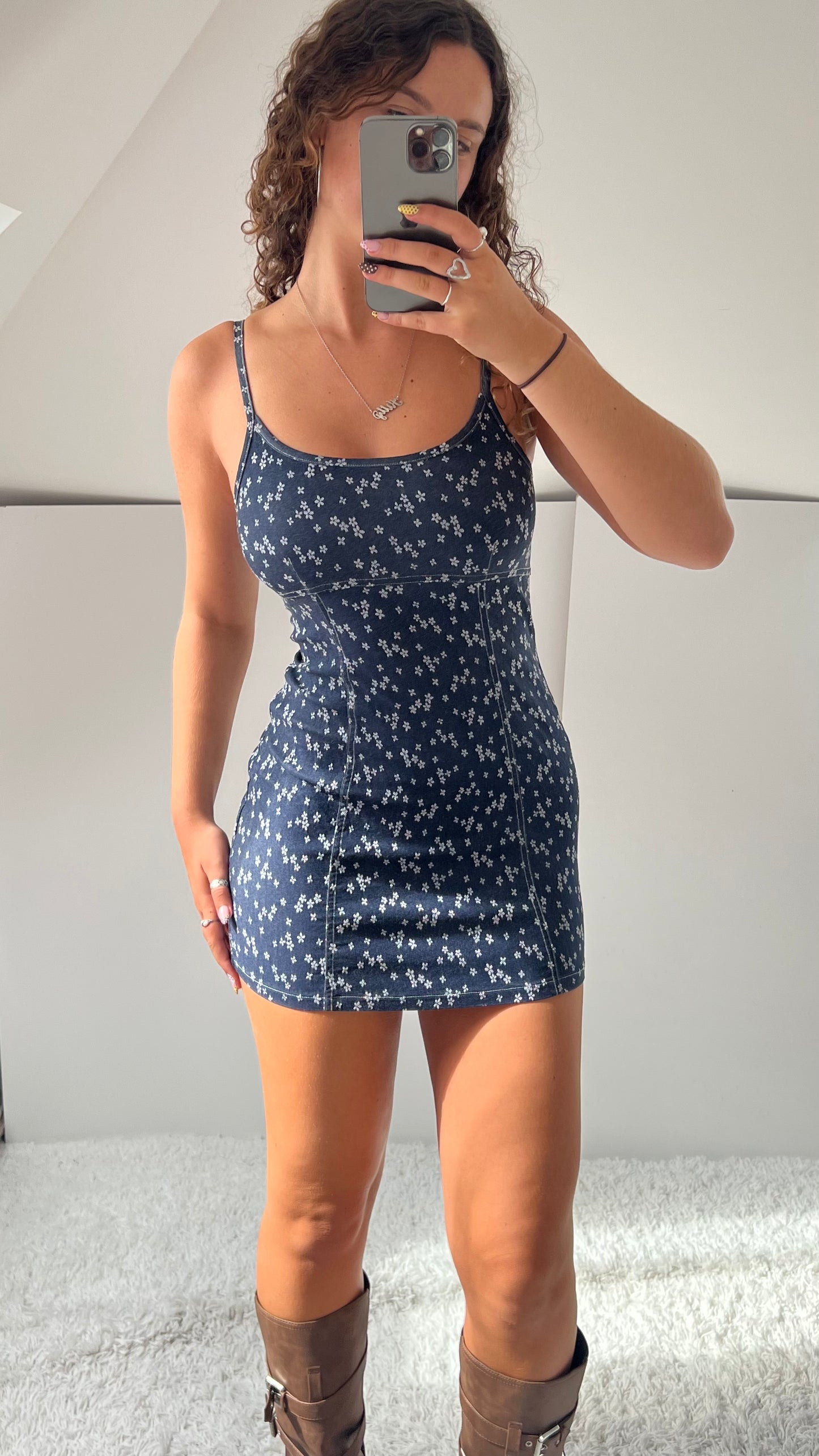 00s denim floral mini dress- size S