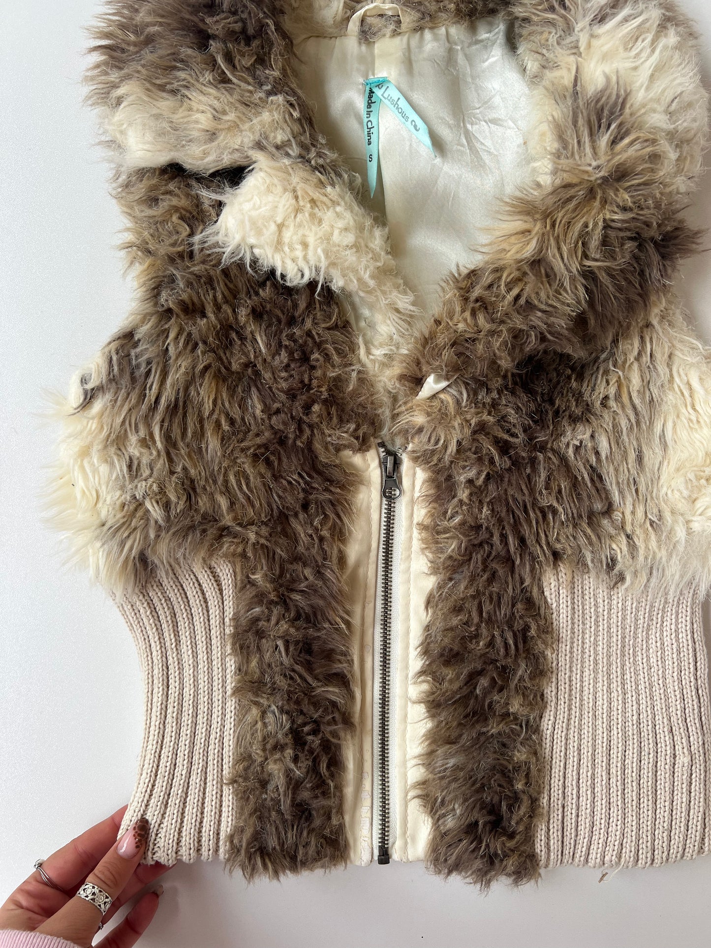 00s cream brown fur gilet- size S