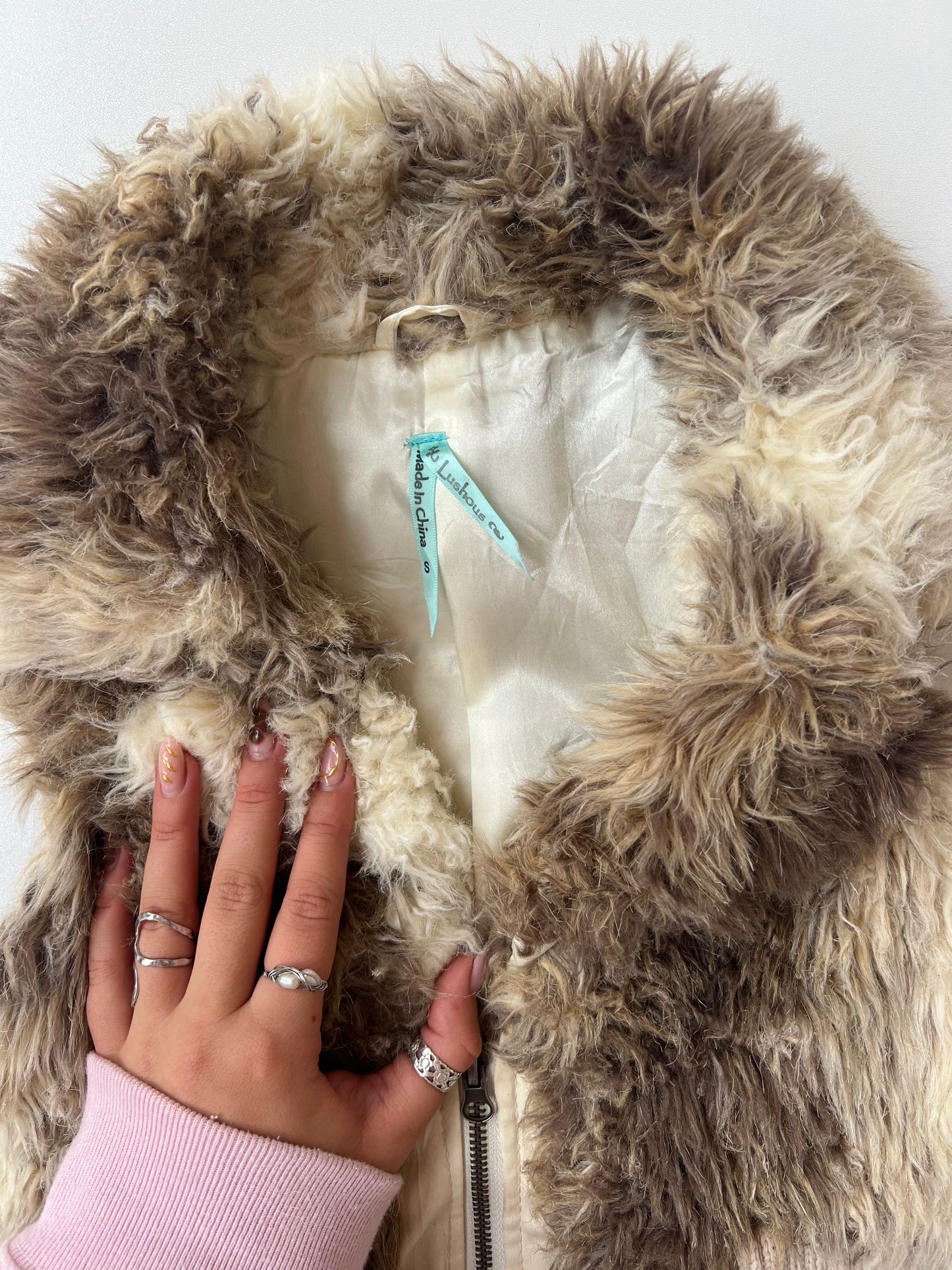 00s cream brown fur gilet- size S