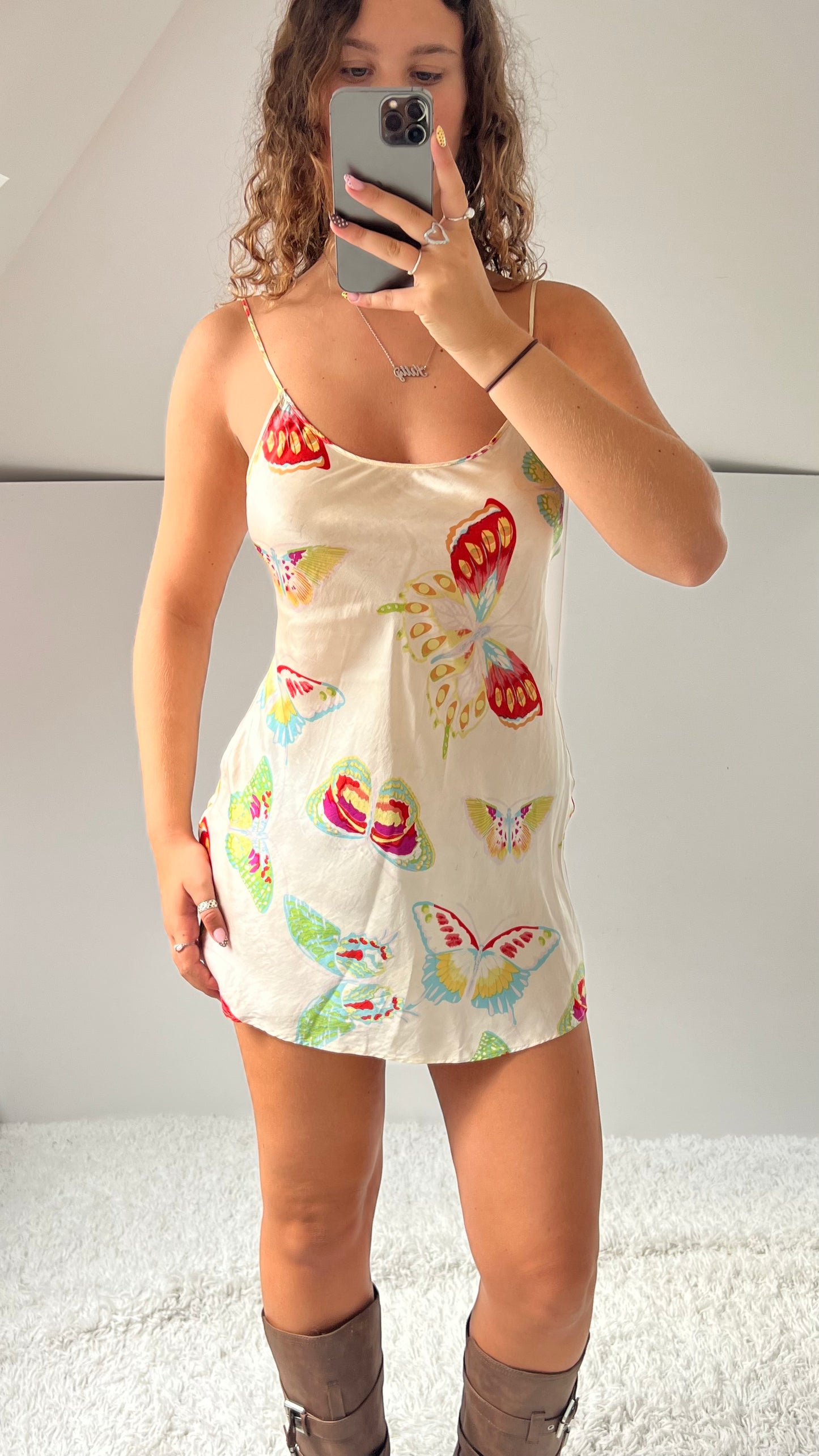 00s cream butterfly slip dress- size S