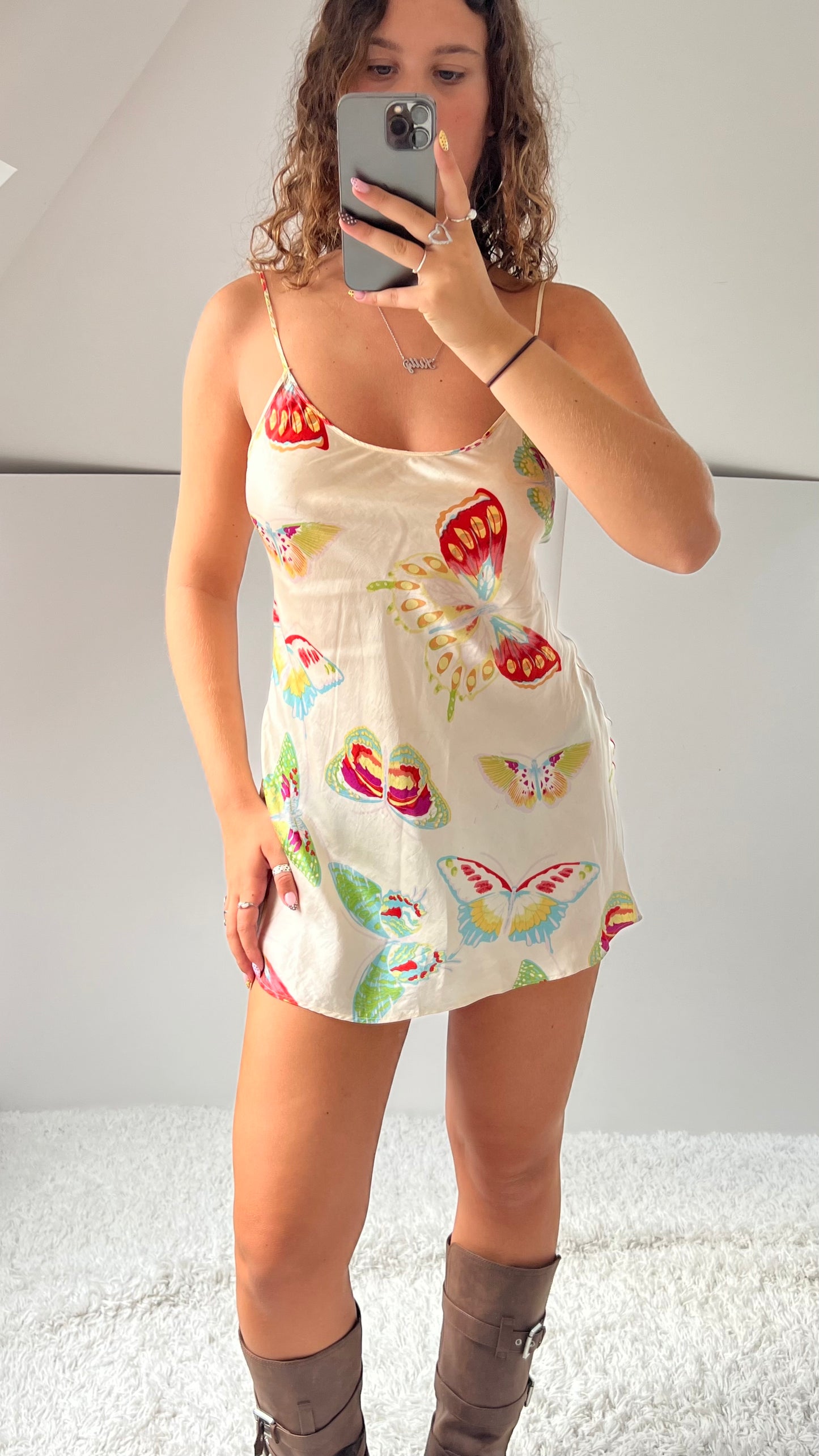 00s cream butterfly slip dress- size S
