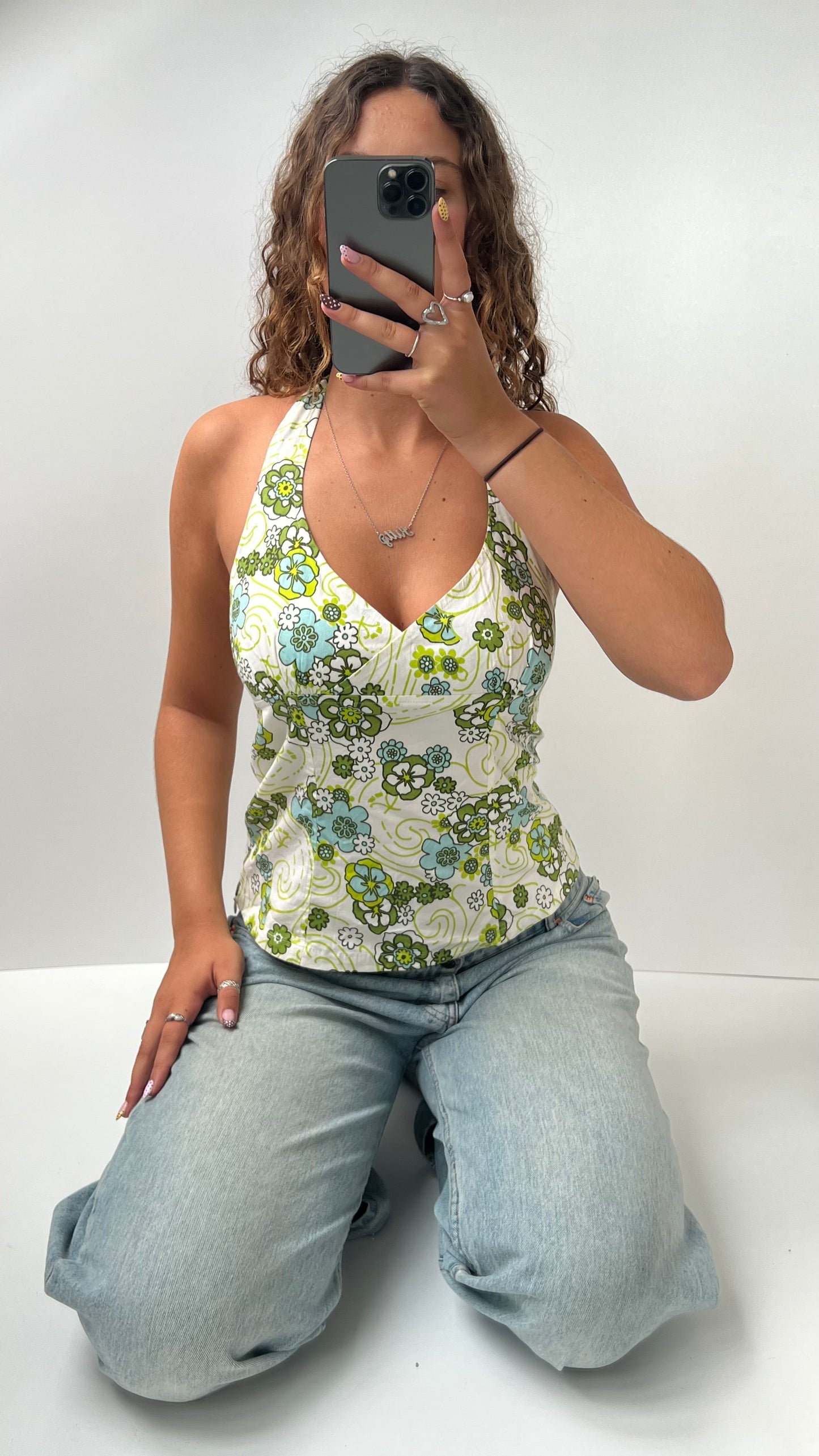 00s white green halter cami- size M