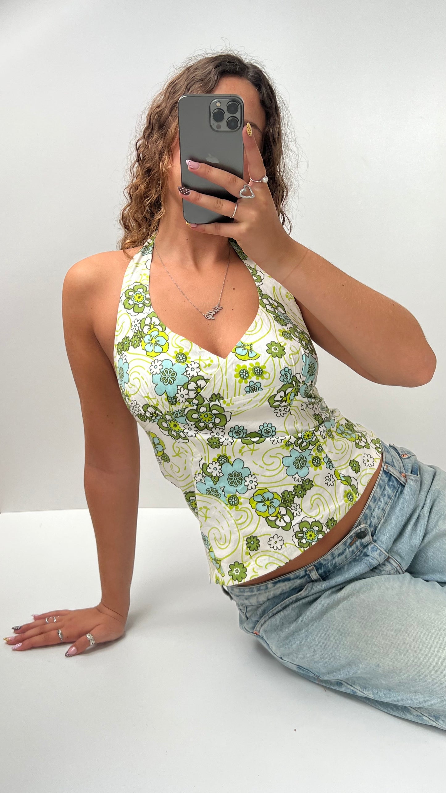 00s white green halter cami- size M