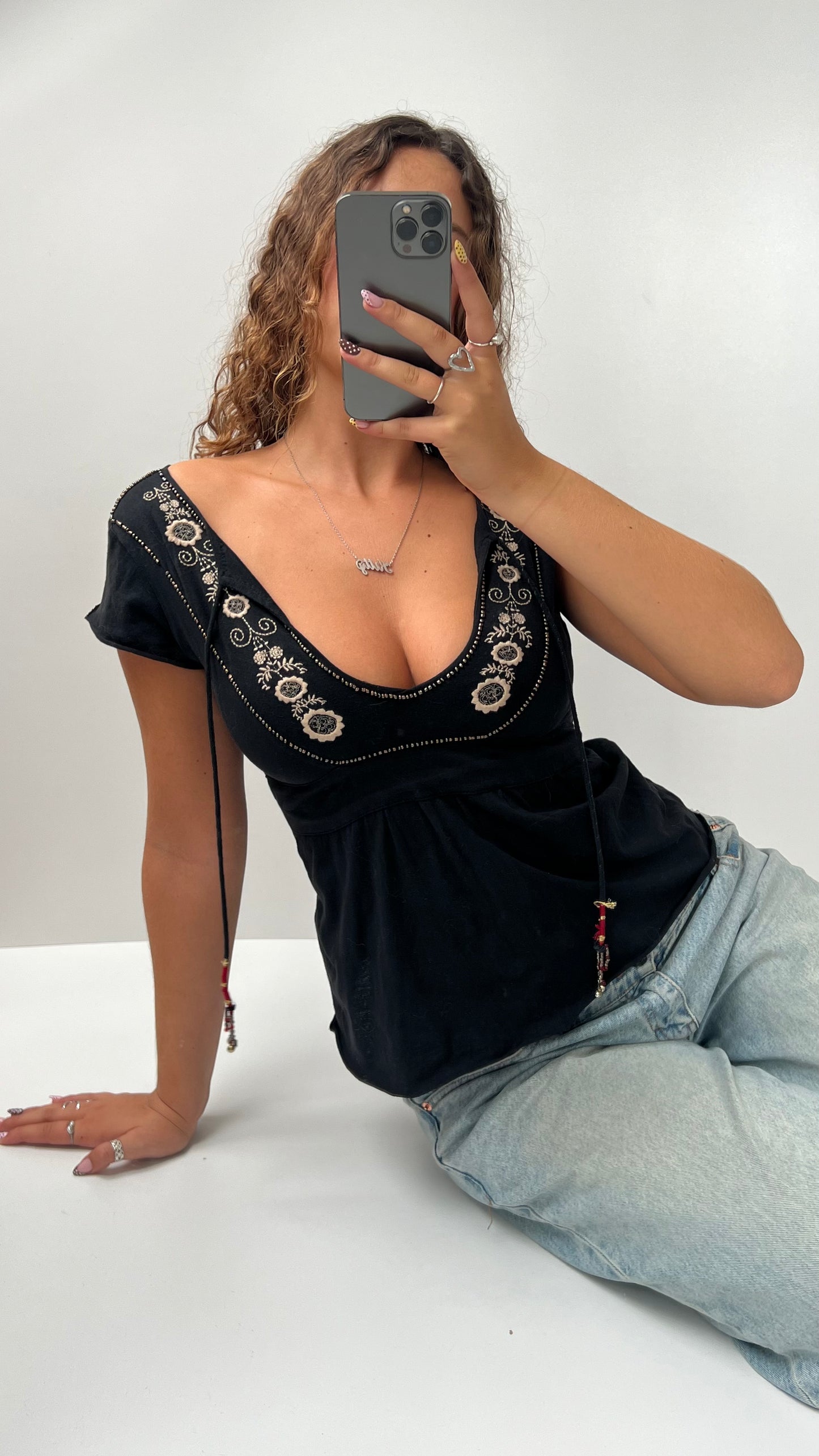 00s black embroidered babydoll top- size S