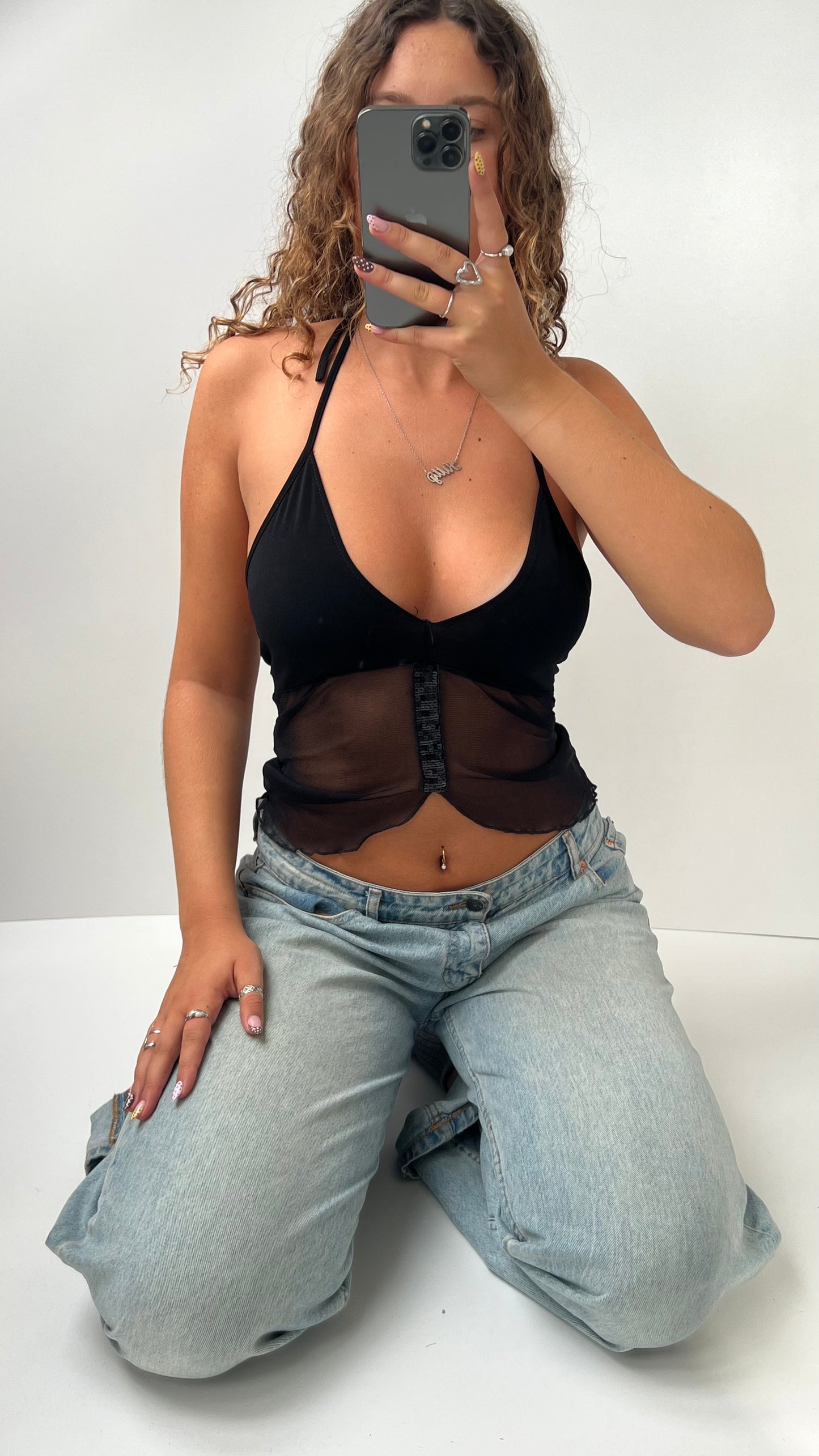 00s black mesh halter cami- size S