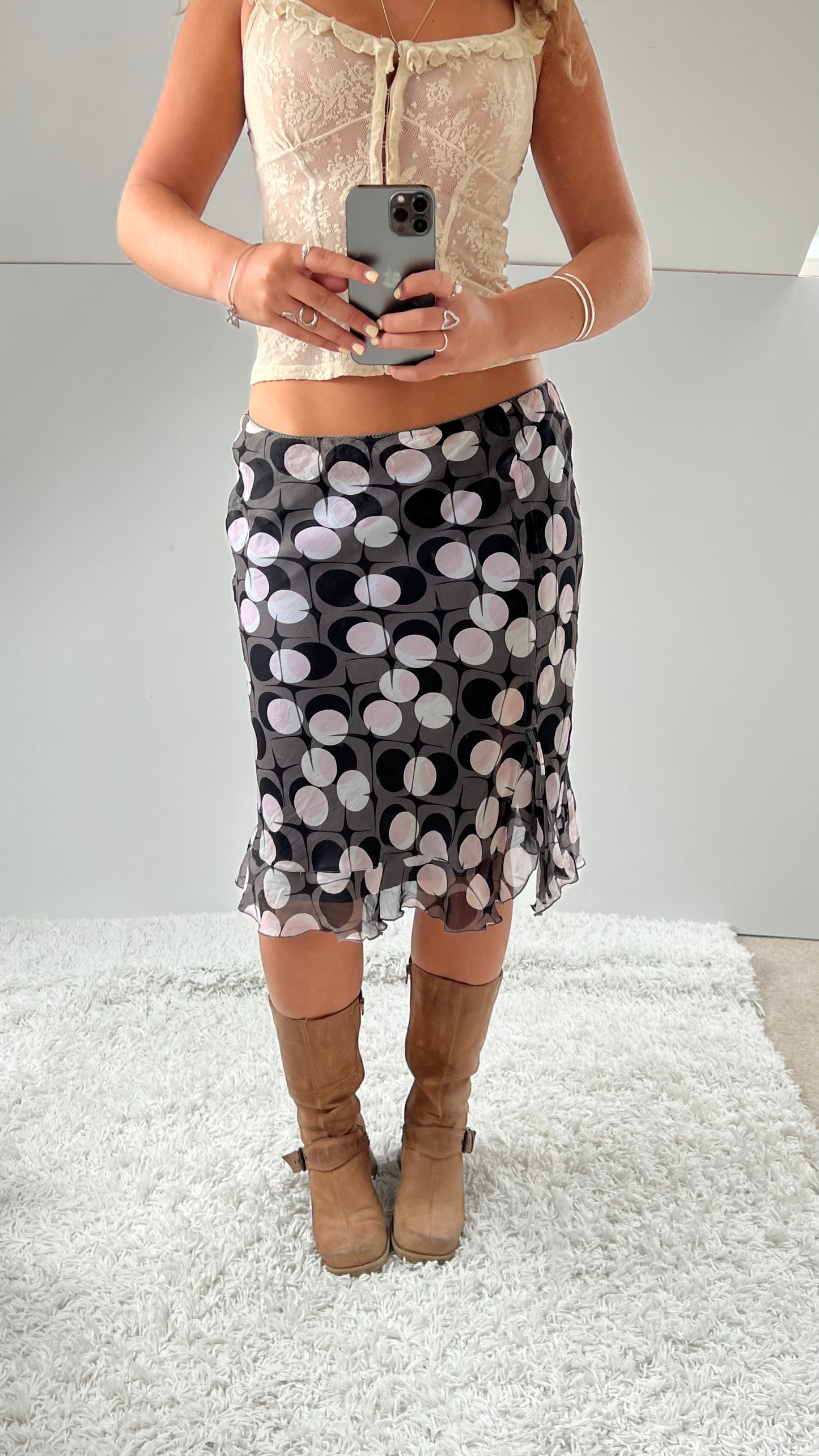 00s grey polka dot mesh midi skirt-size S