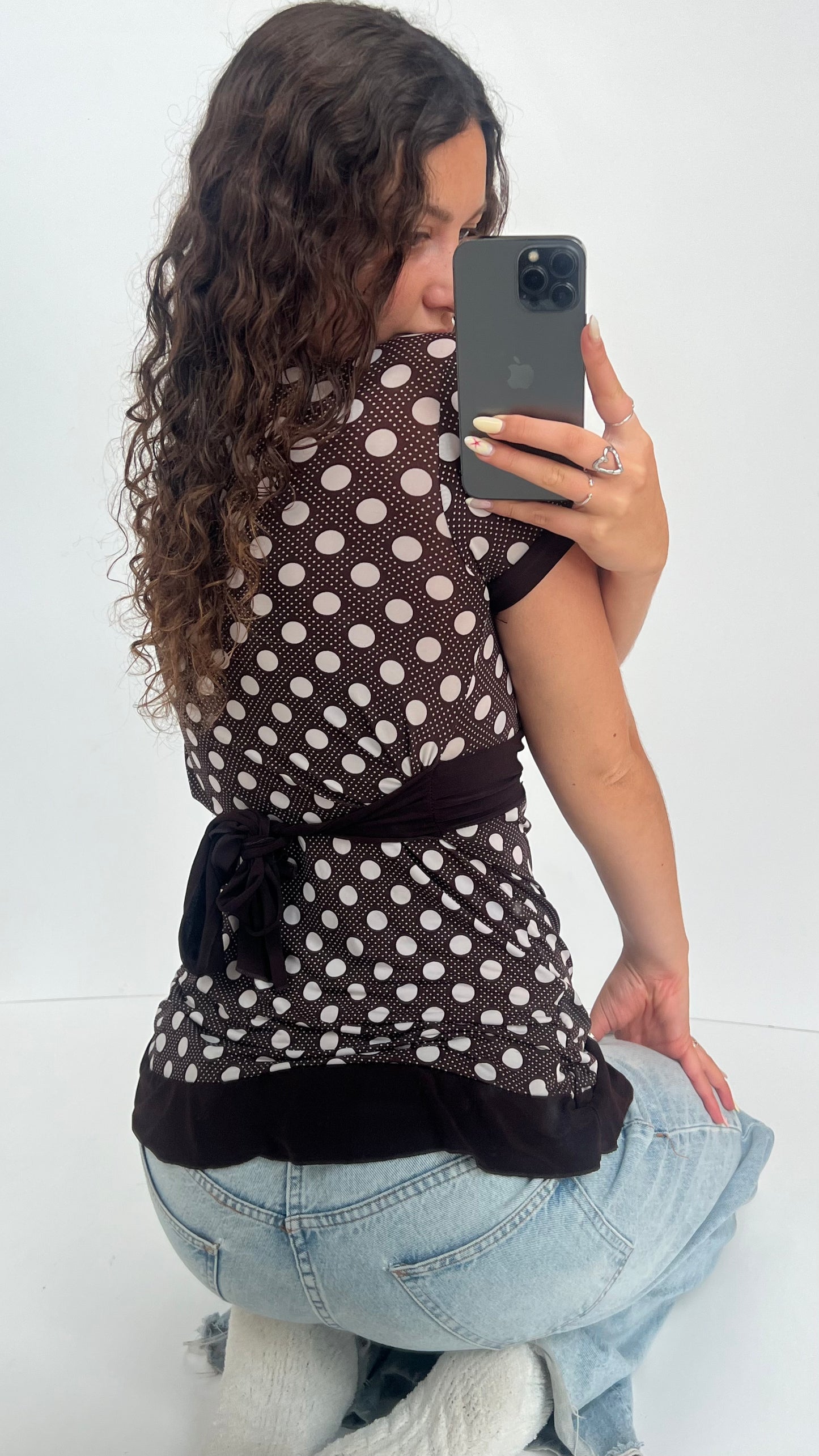 00s brown polka dot top- size L