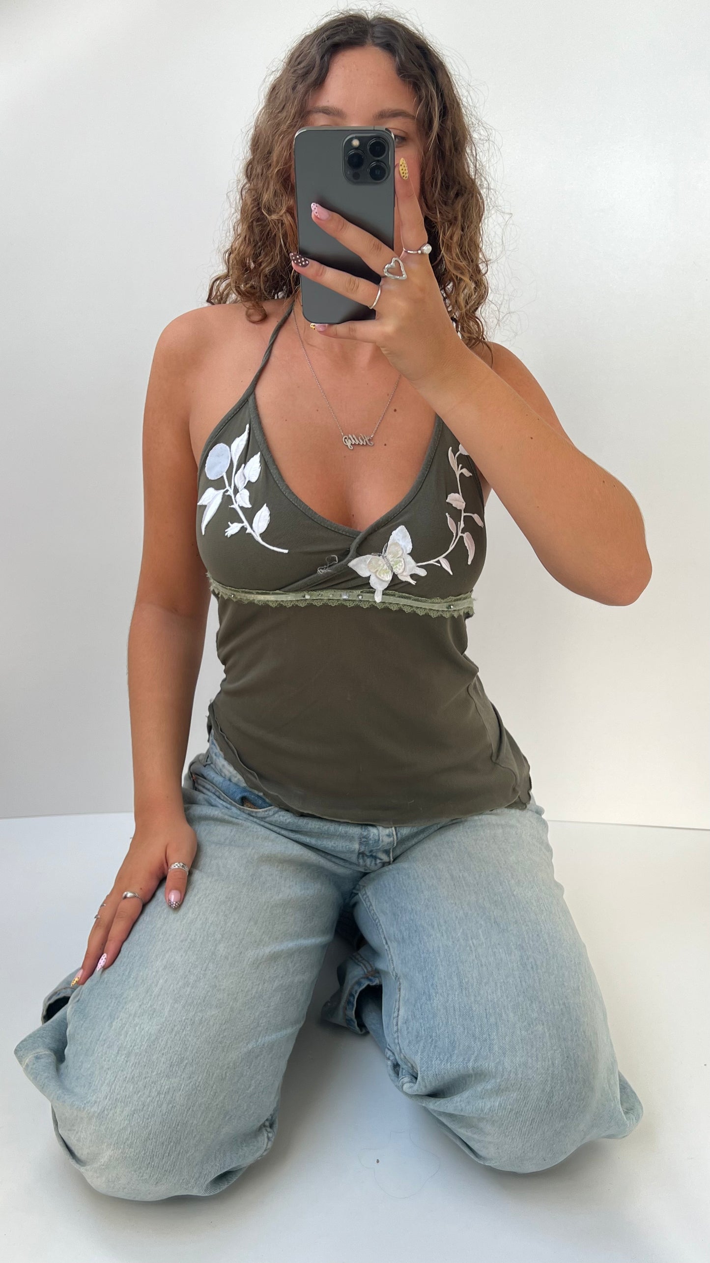 00s khaki mesh butterfly cami- size S
