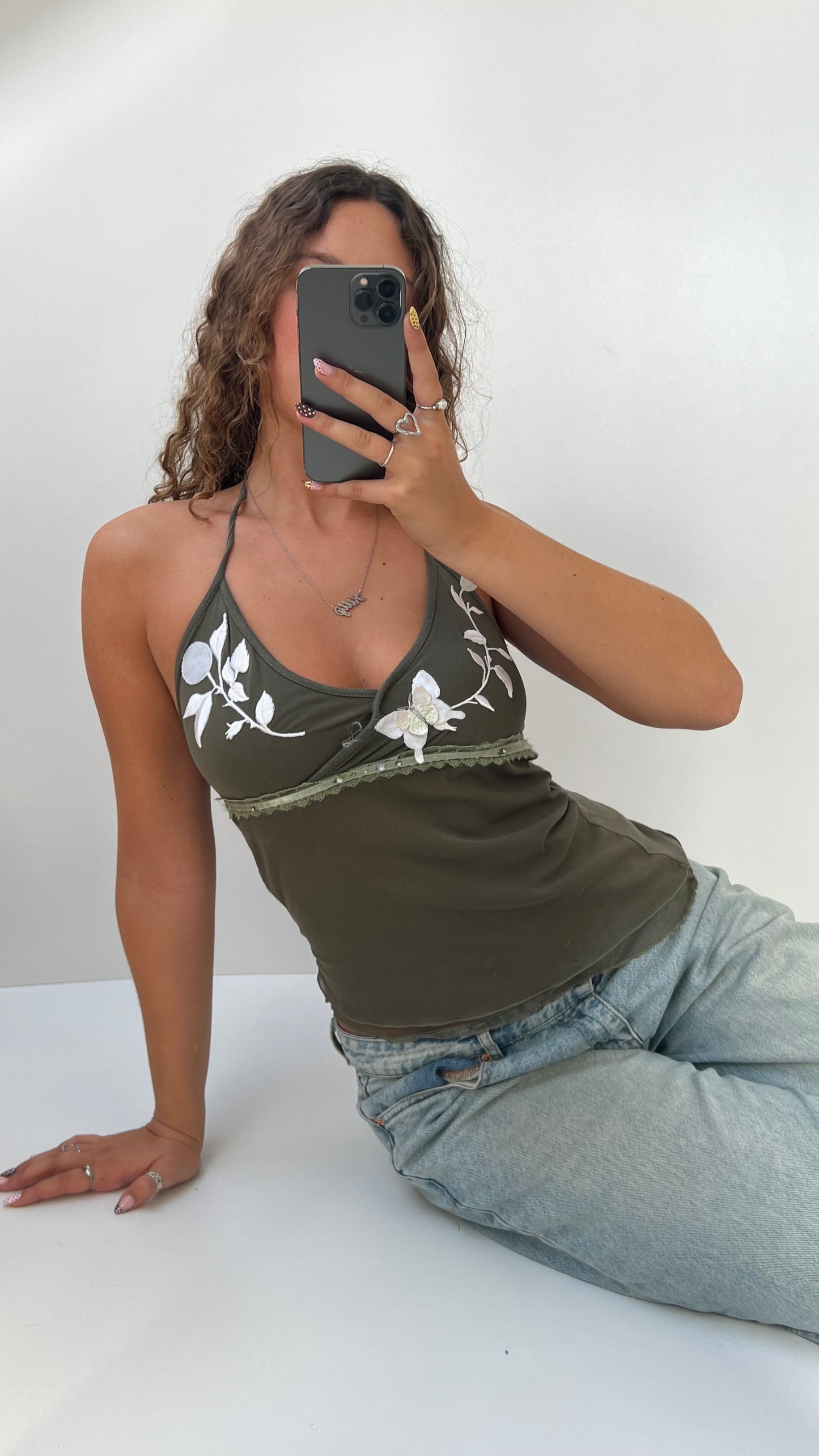 00s khaki mesh butterfly cami- size S