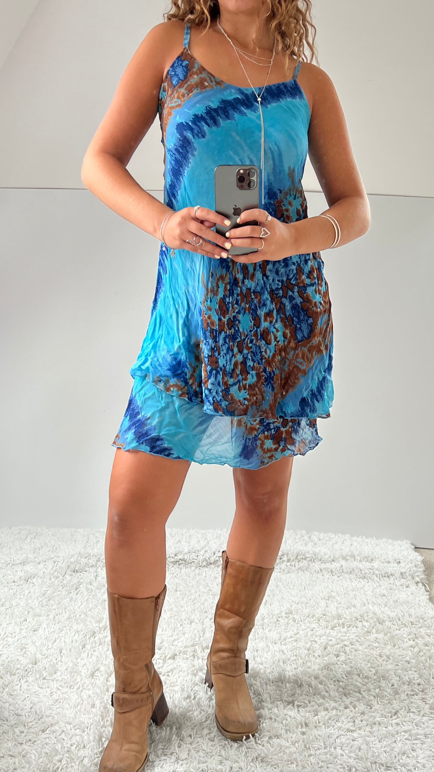 00s blue mesh patterned mini dress- size M