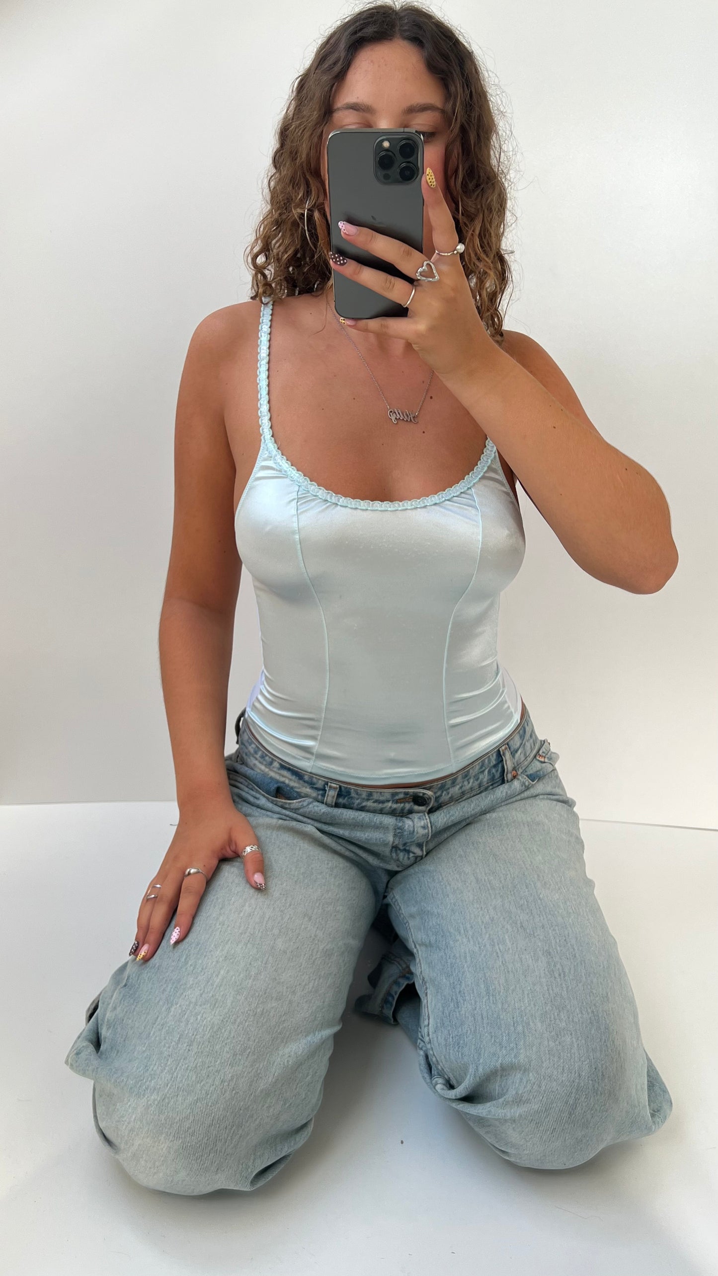 00s blue satin mesh cami- size XS