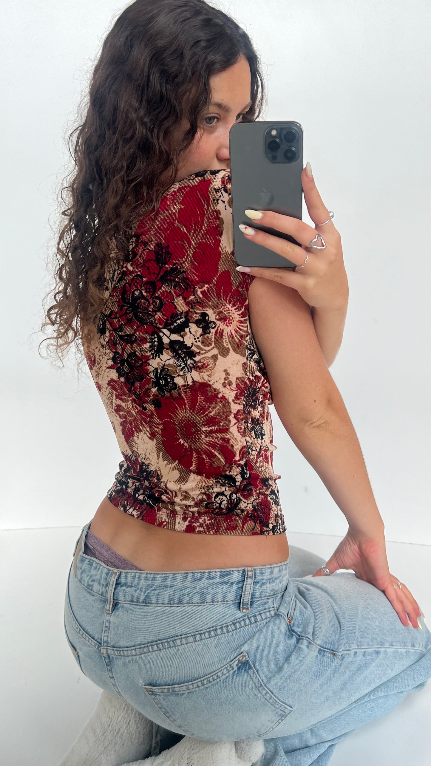 00s red floral babydoll top- size S