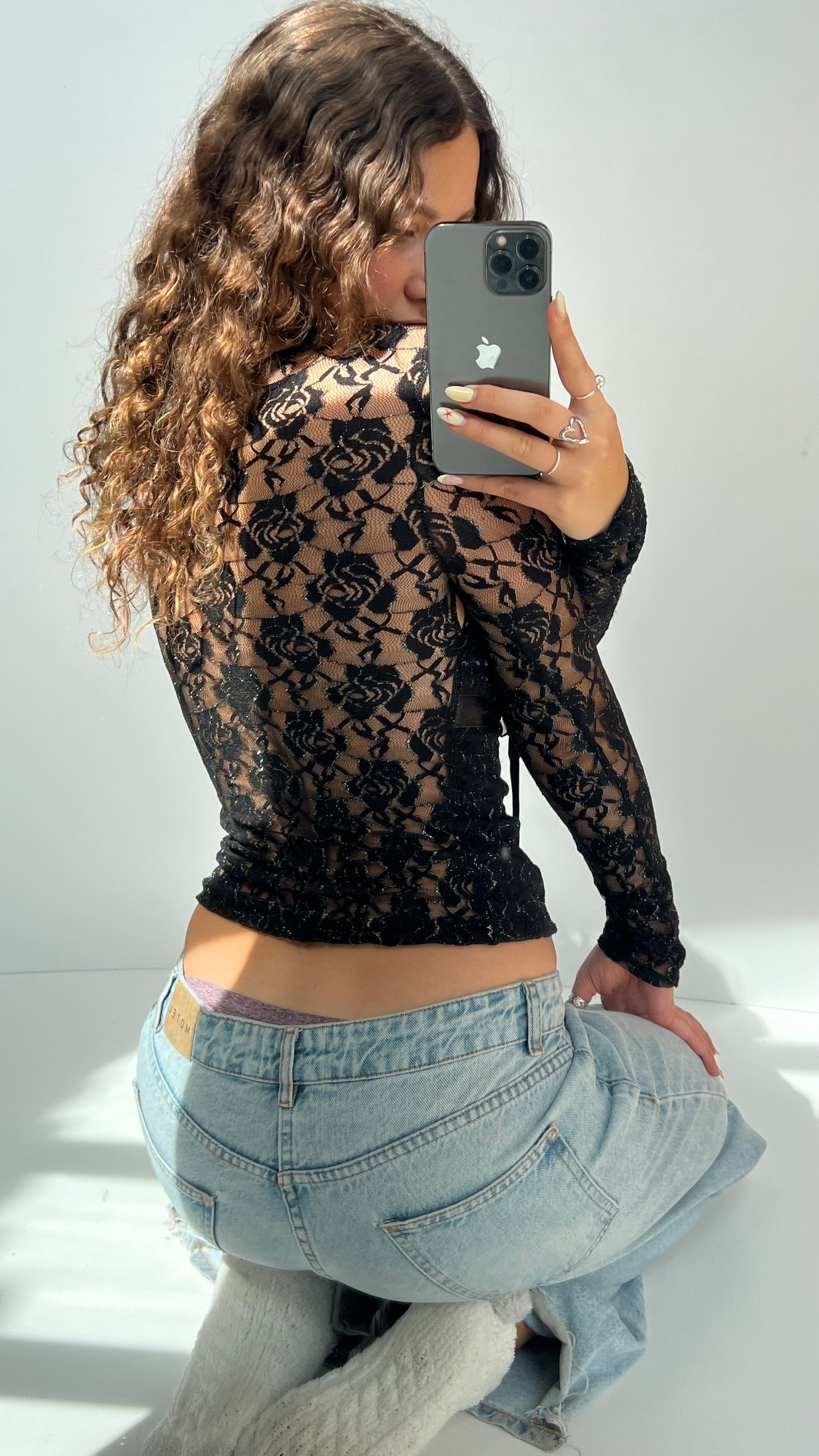 00s black lace glitter top- size S