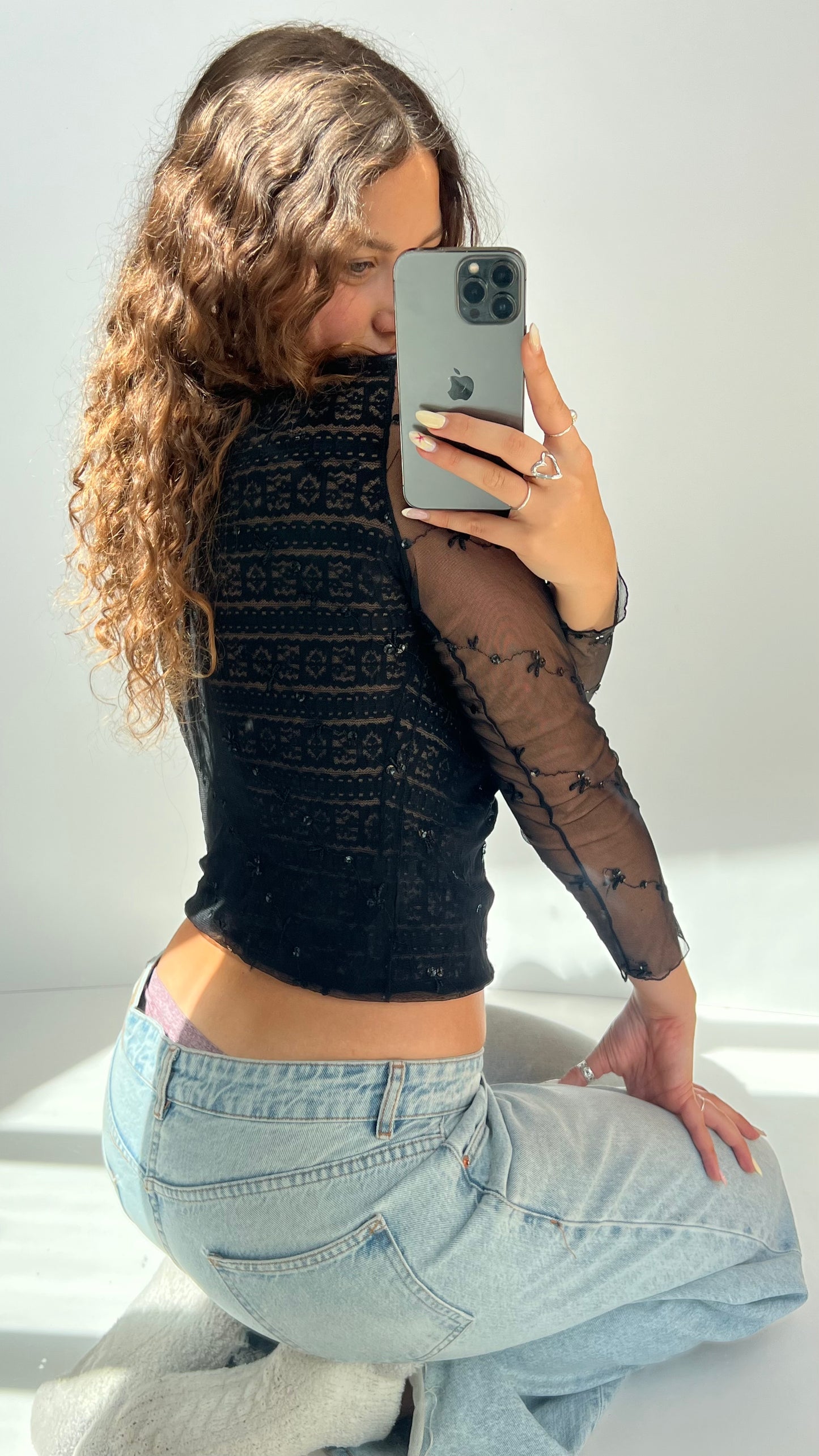 00s black sequin mesh top- size S