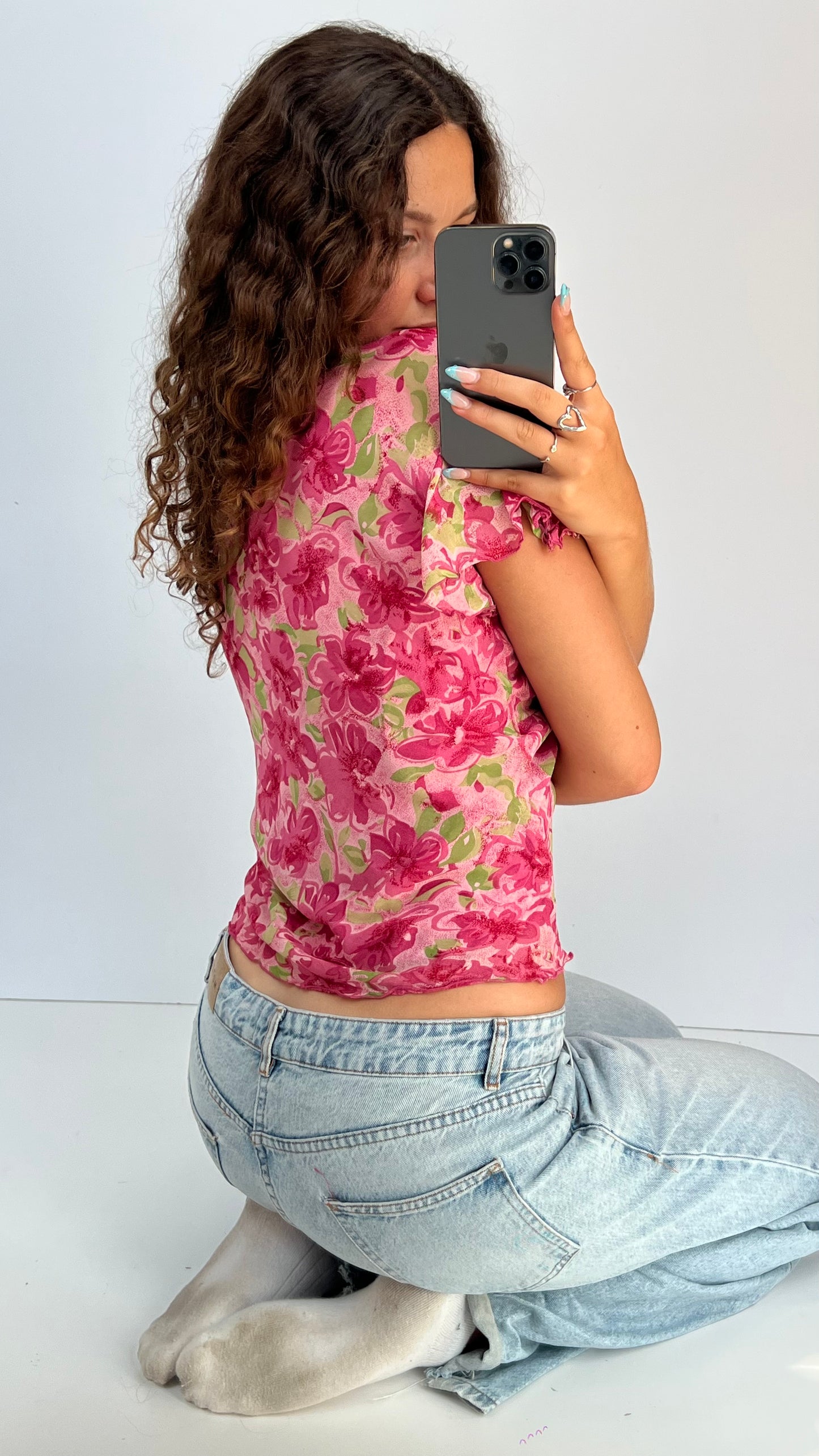 00s pink floral babydoll top- size L