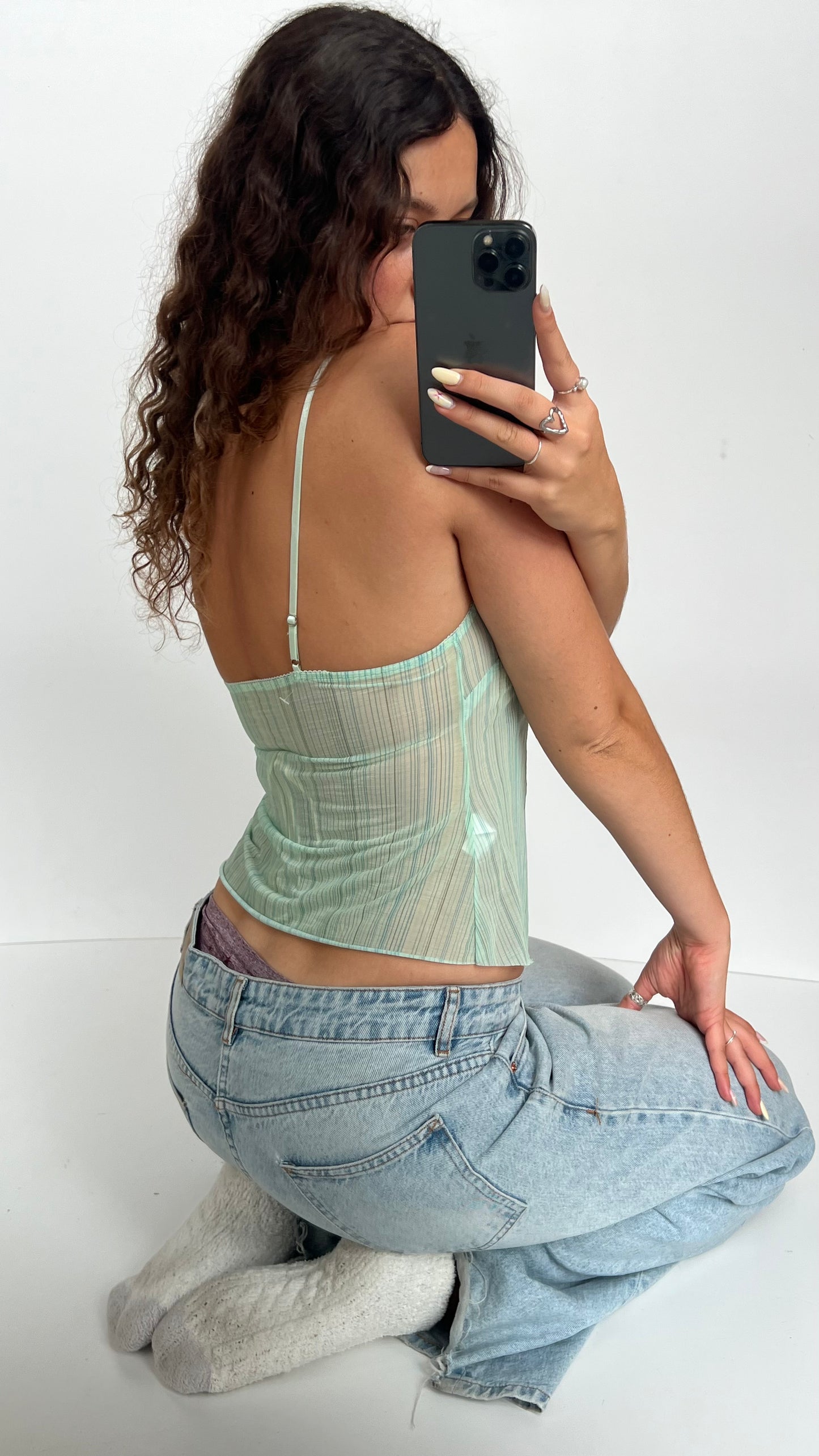 00s green striped mesh cami- size S