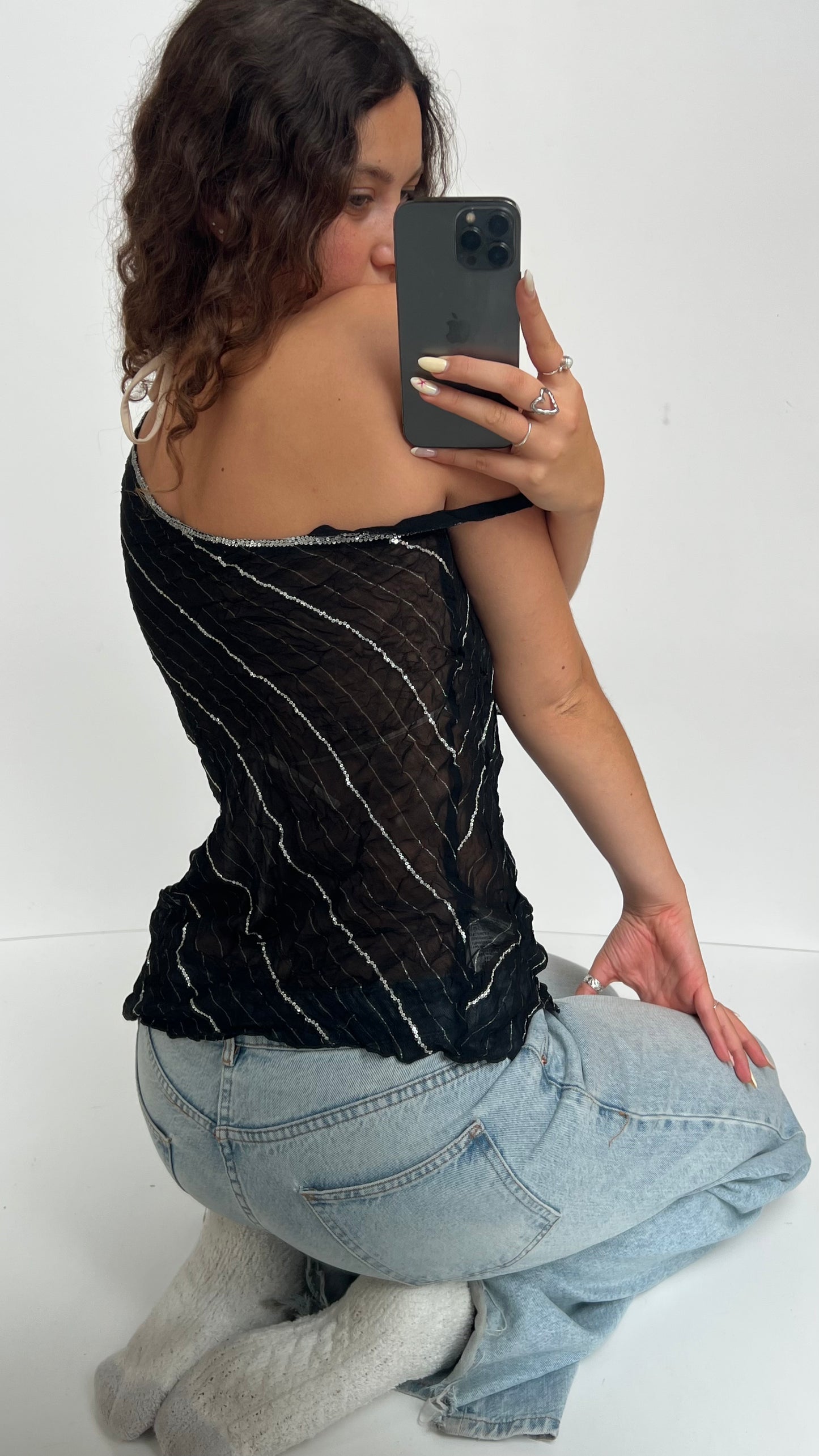 00s black mesh one shoulder top- size M