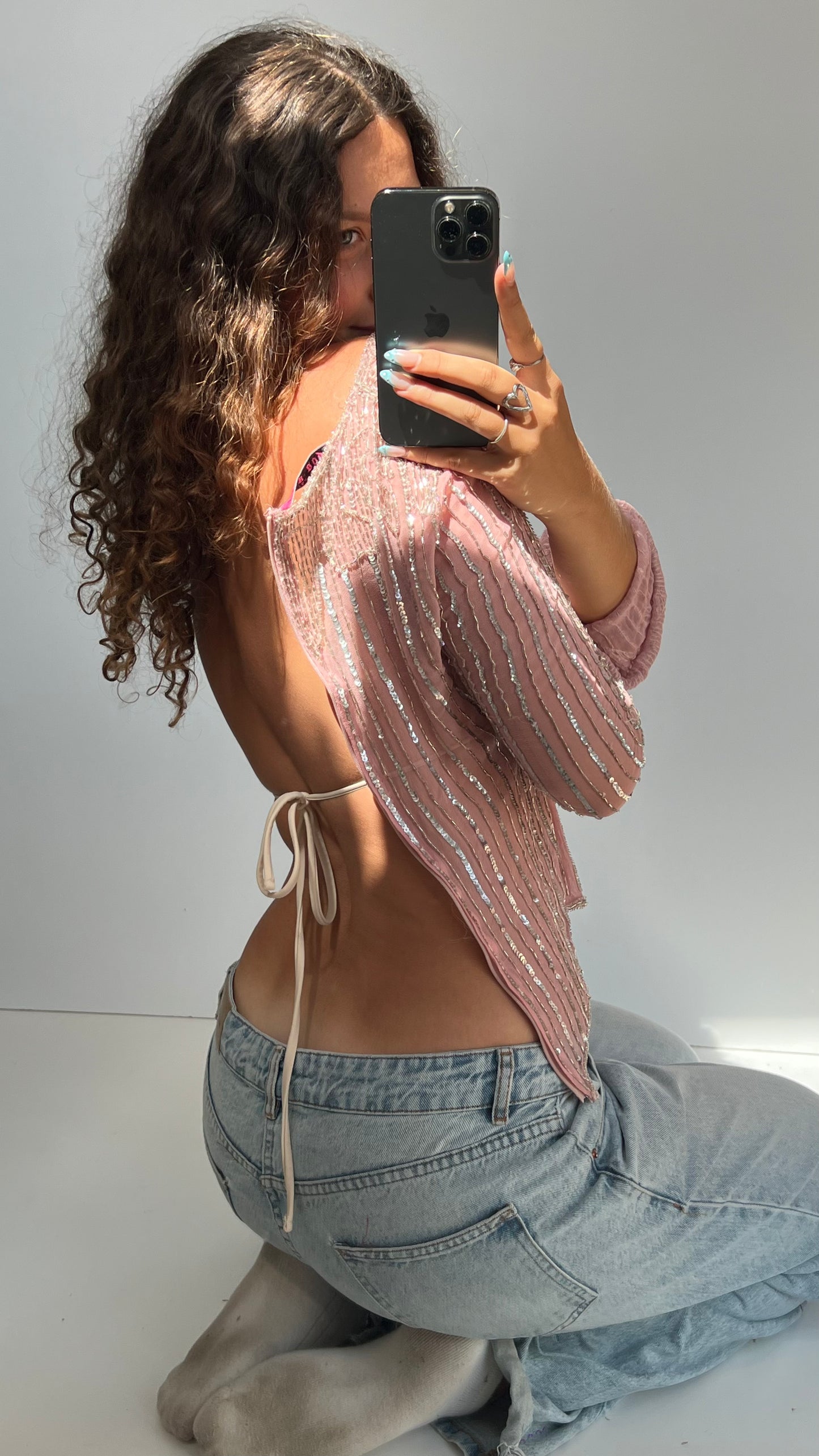 00s pink sequin mesh top- size M
