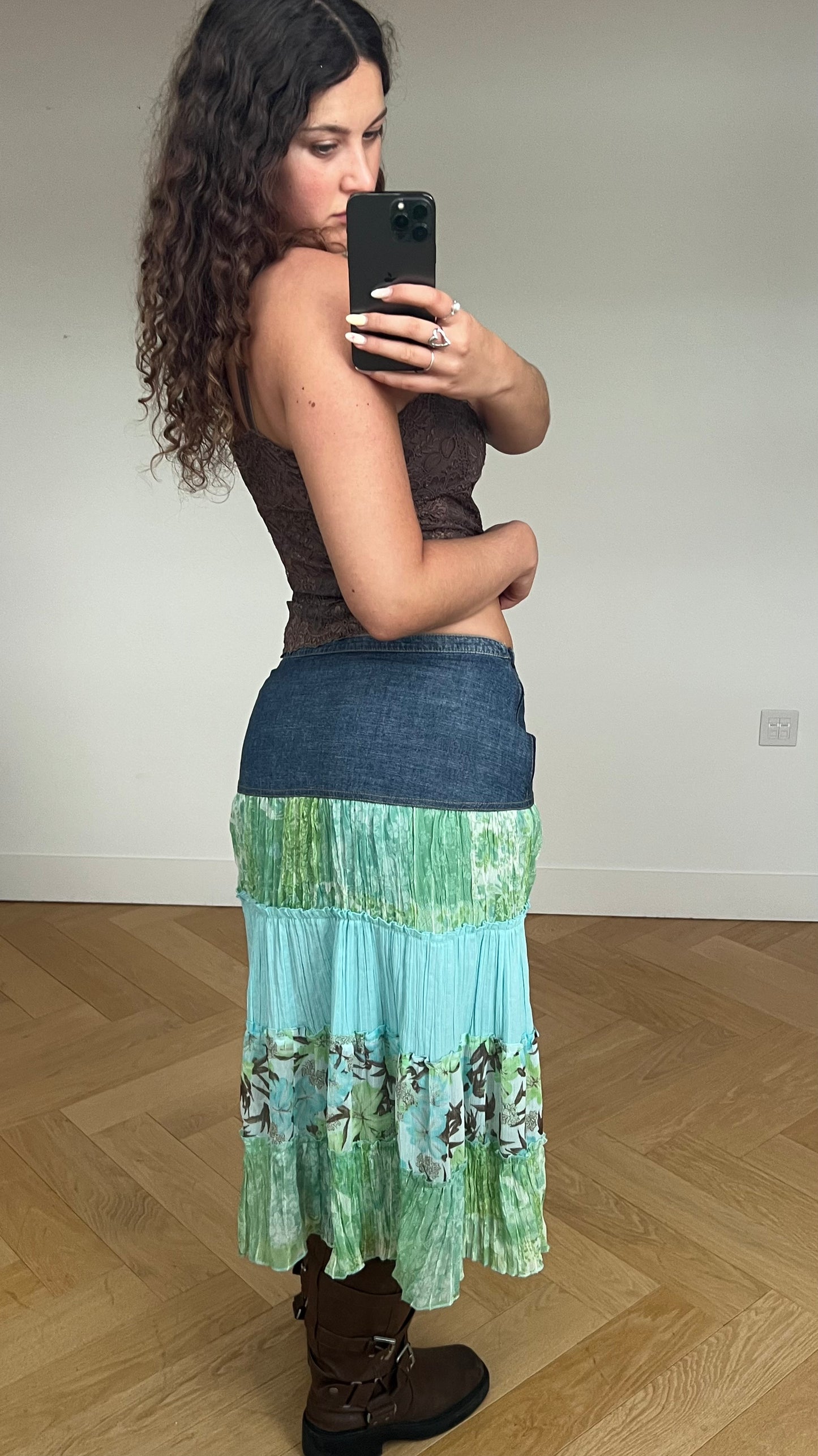 00s blue green mesh midi skirt- size XL