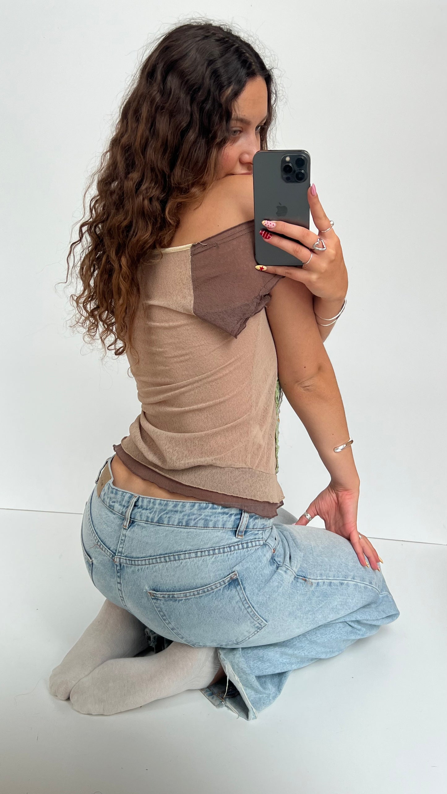 00s brown green babydoll top- size M