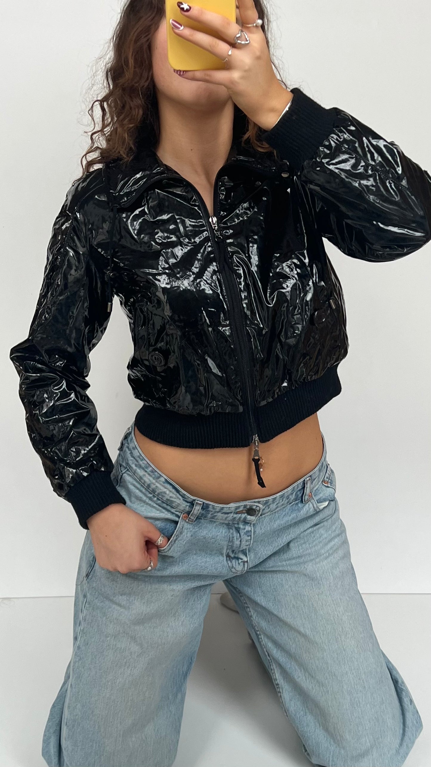 00s shiny black cropped jacket- size M