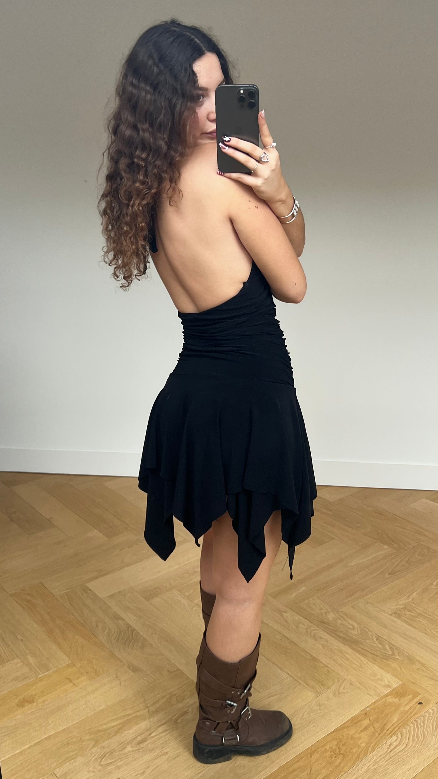 00s black ruched mini dress- size M