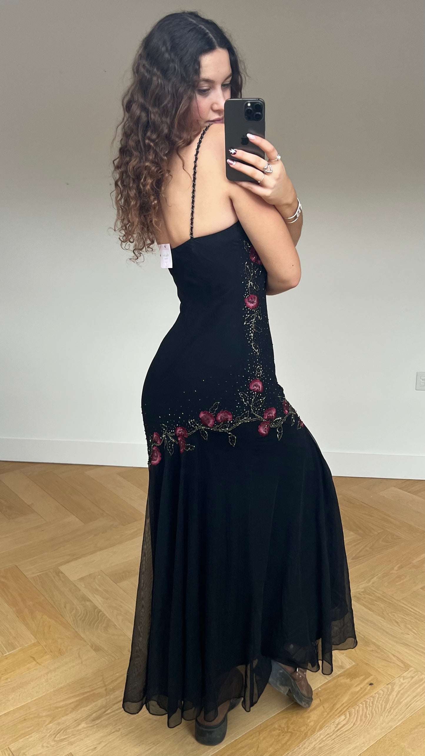 00s black silk beaded maxi dress- size M