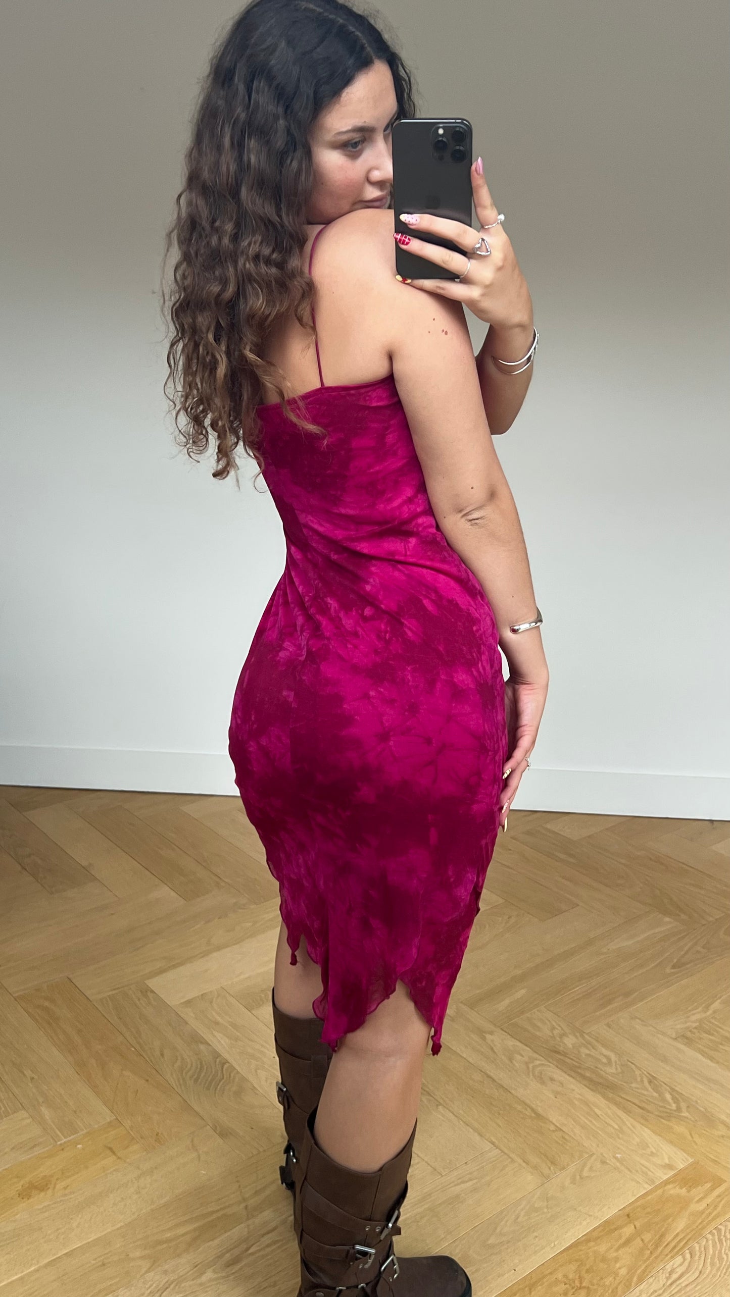 00s pink mesh asymmetric midi dress- size M