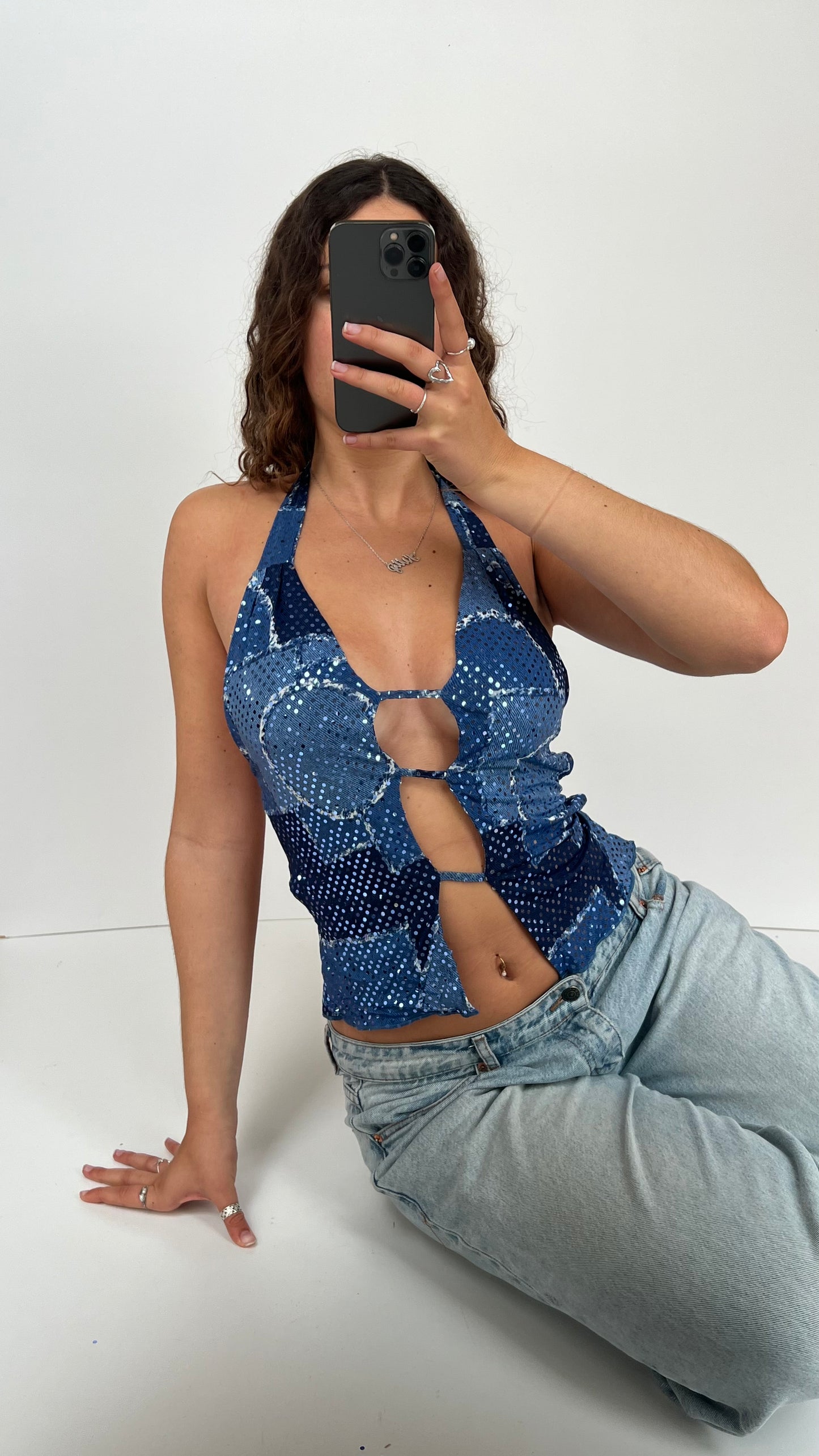 00s blue sequin backless cami- size S/M