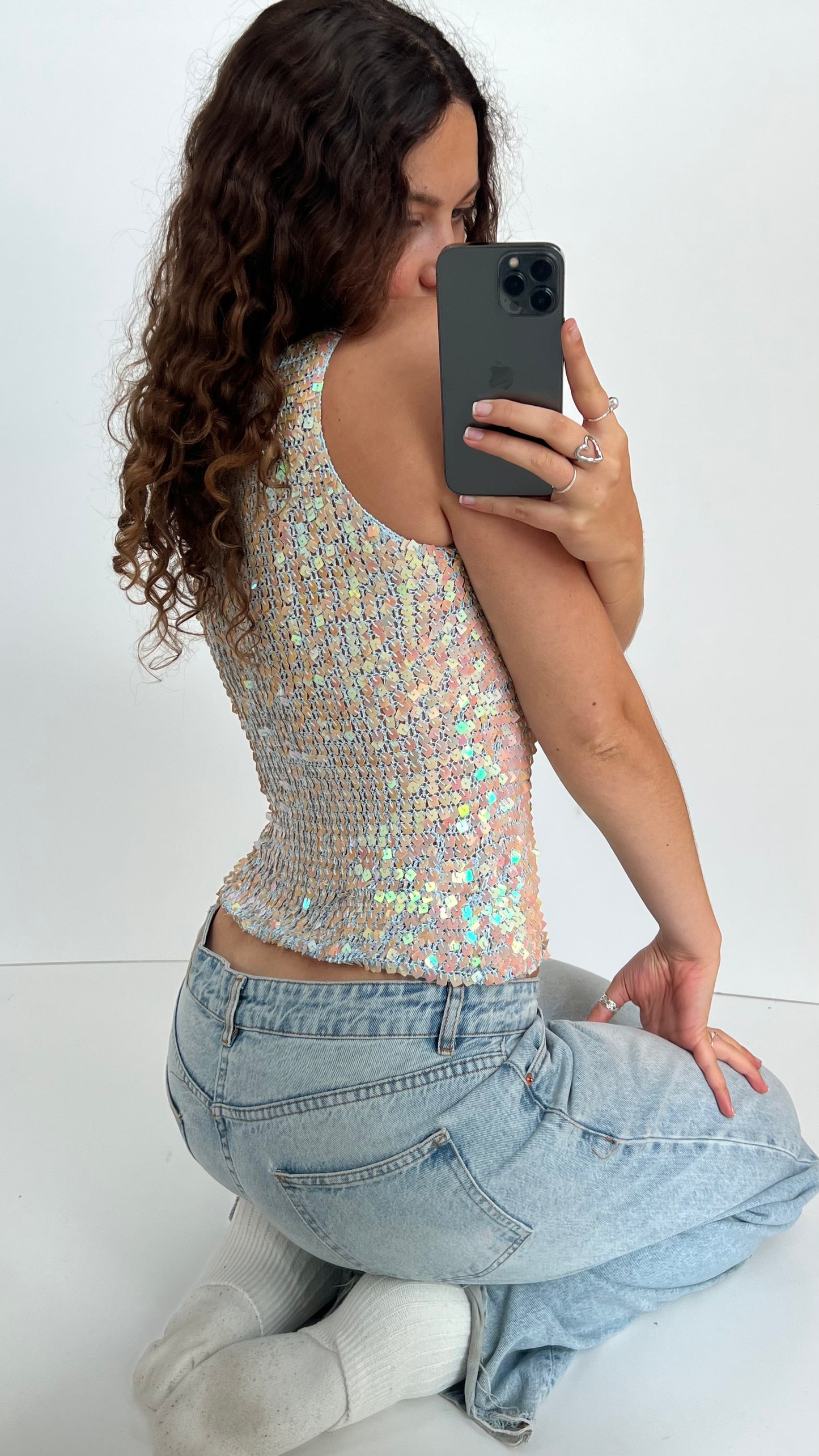 00s blue sequin crochet top- size M