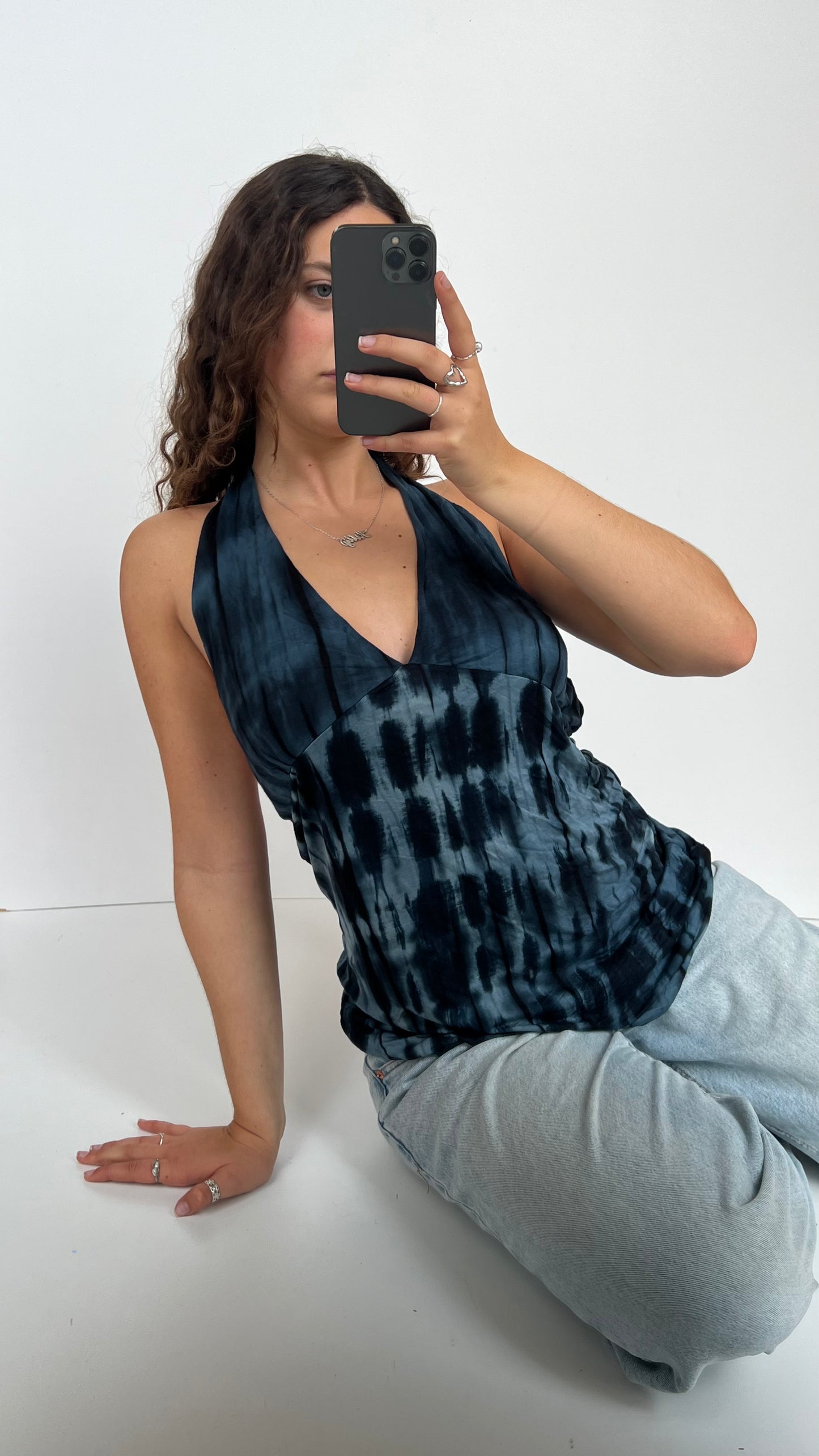 00s blue backless chain top- size L