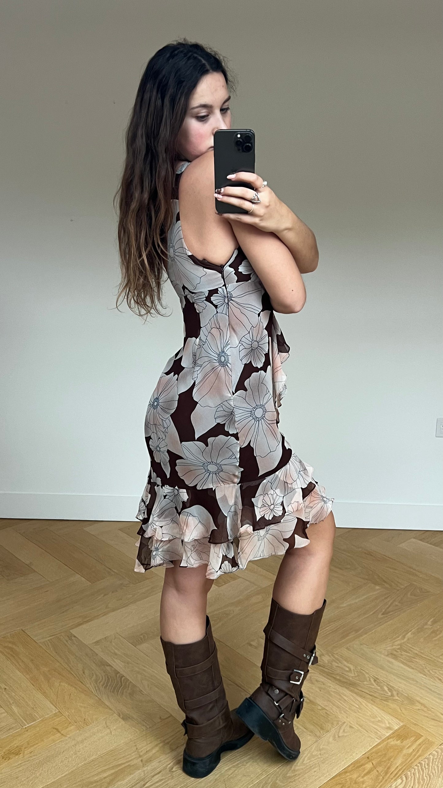 00s brown floral mini dress- size XS