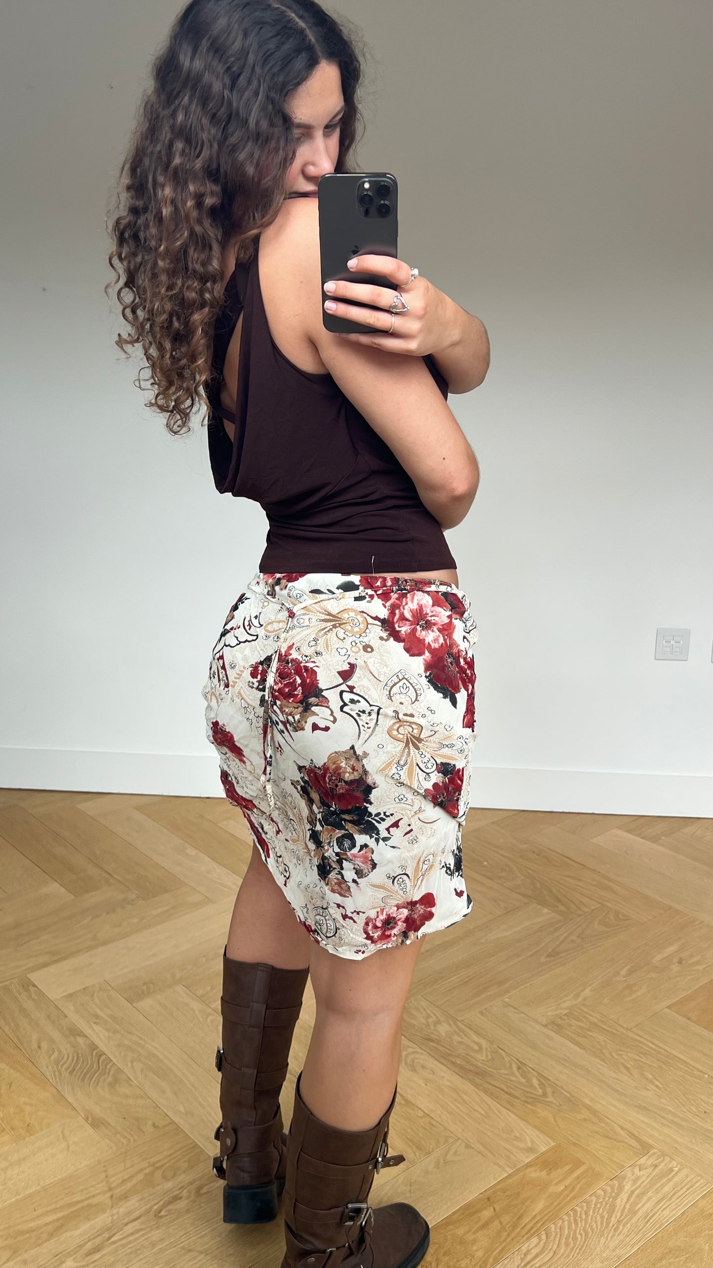 00s cream red floral midi skirt- size S