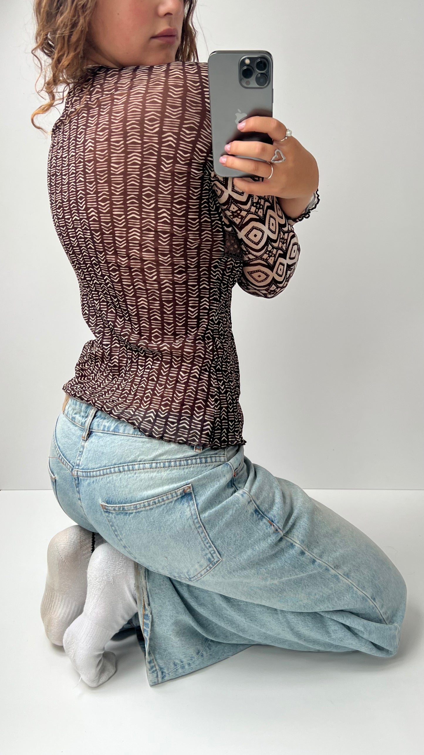 00s brown mesh long sleeve top- size M