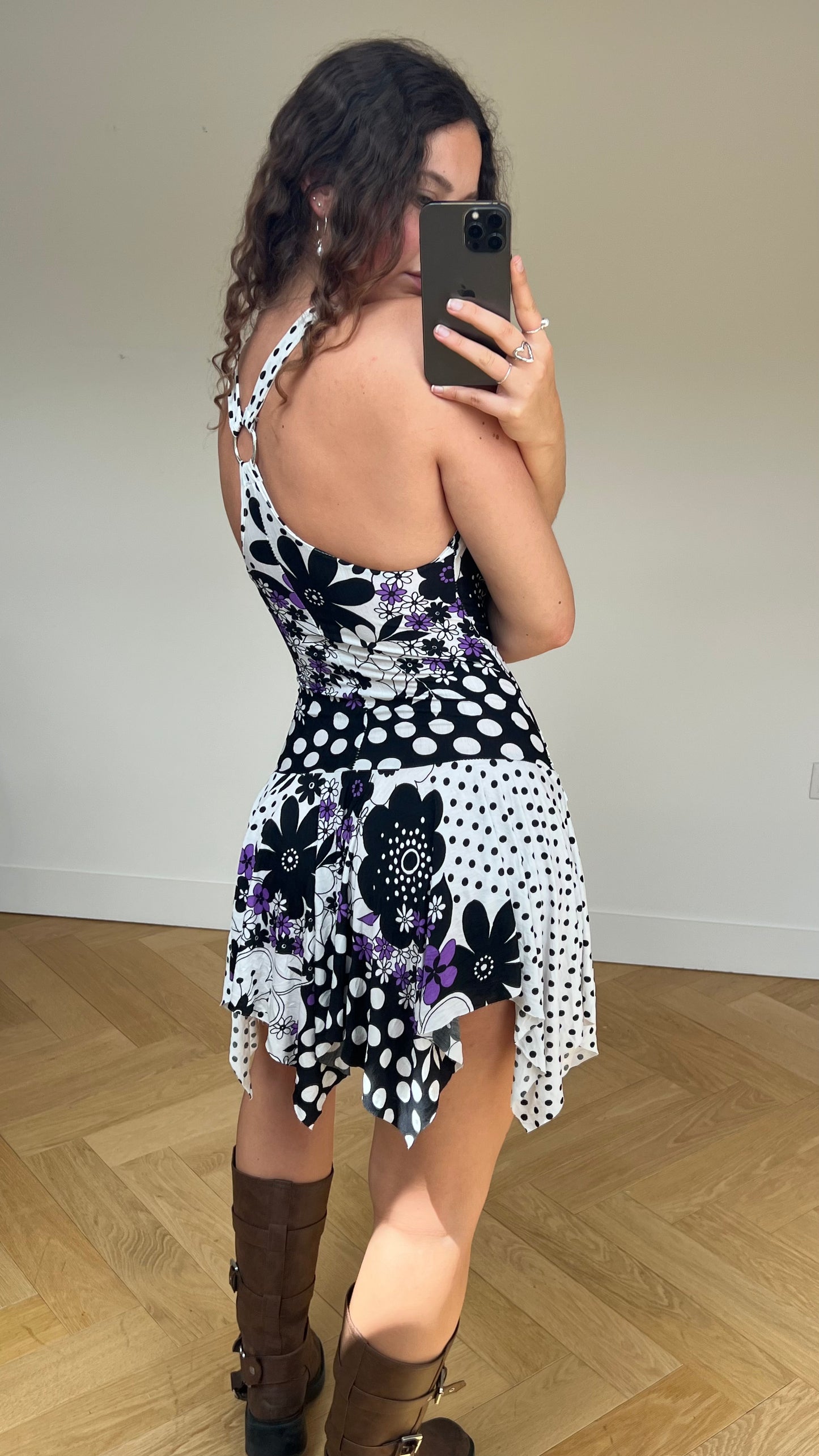 00s white floral polka dot mini dress- size M