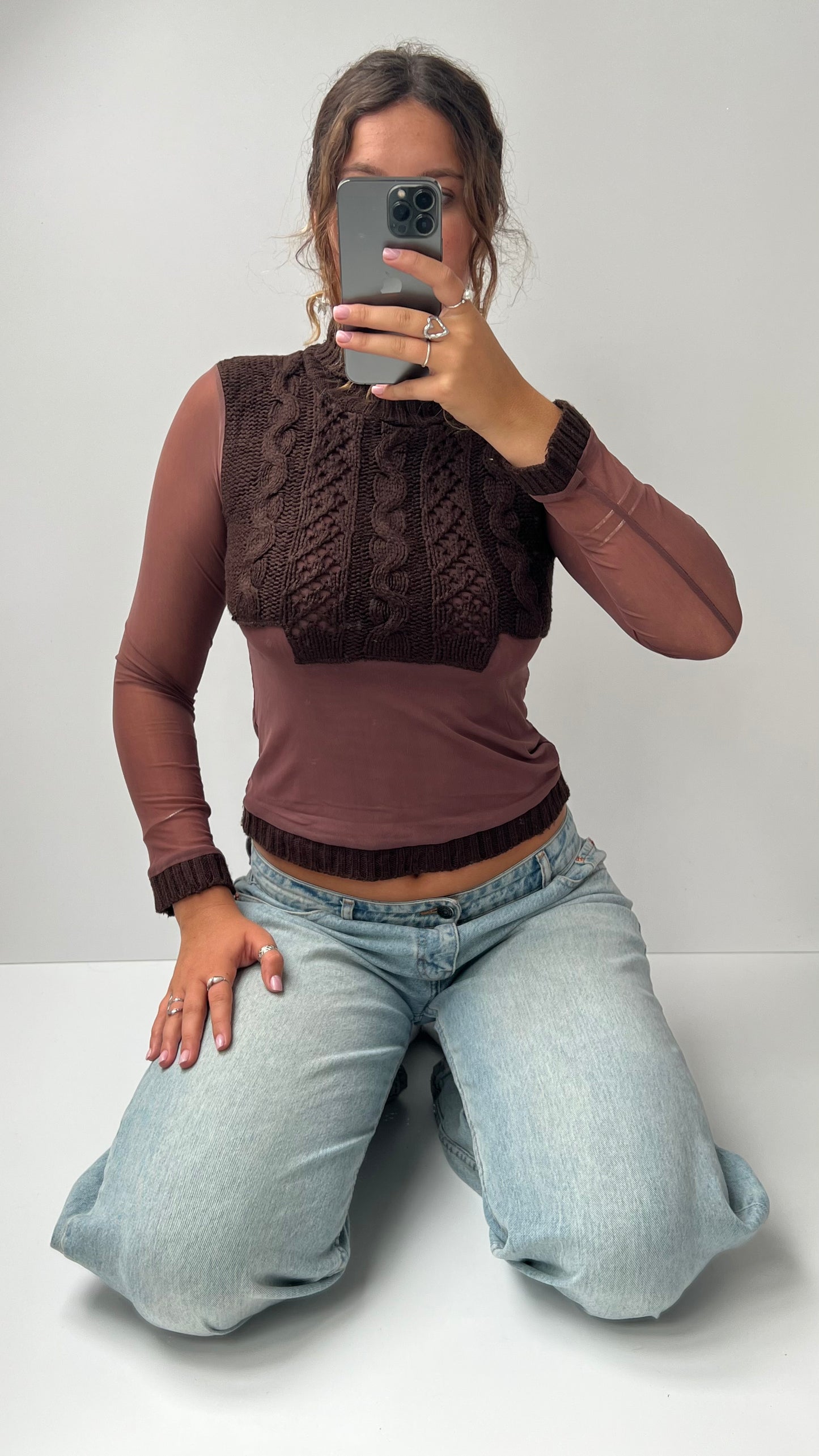 00s brown mesh knit long sleeve top- size S